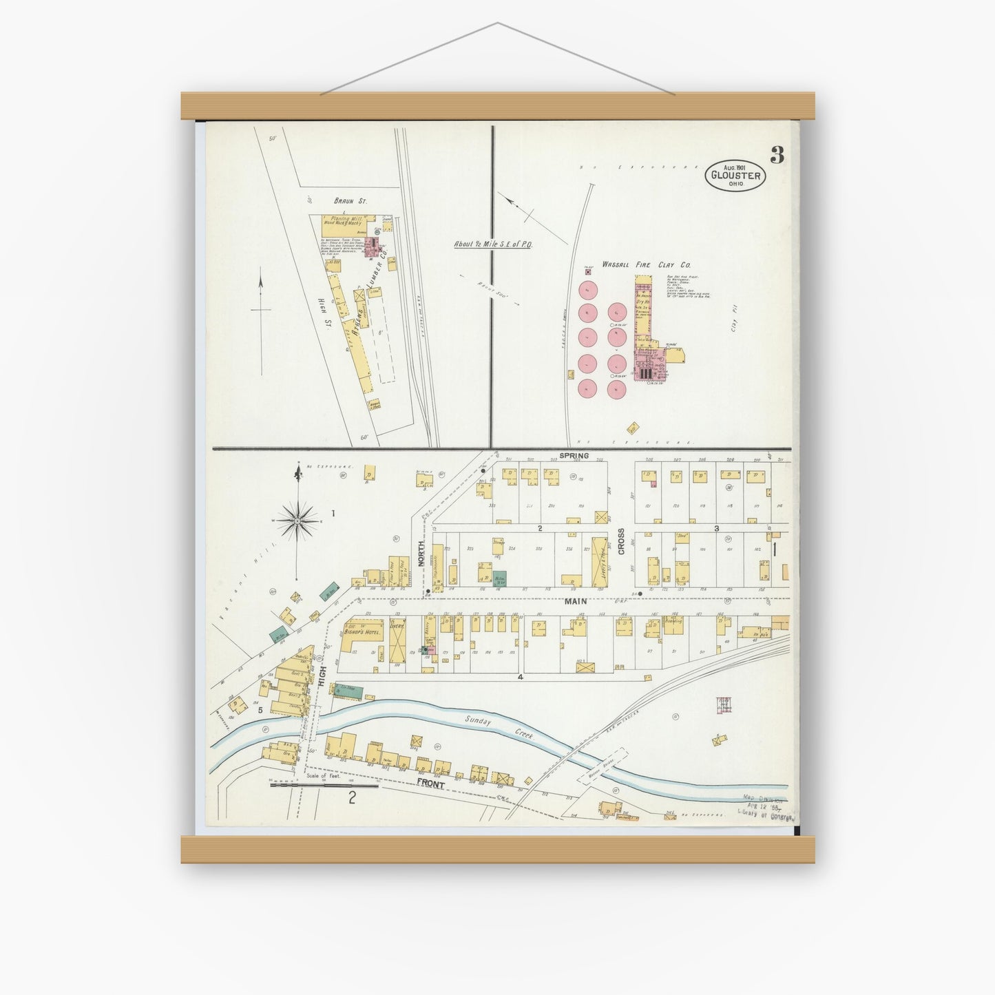 Old map wall art mockup — magnetic wood frame on white wall — Sanborn Fire Insurance Map from Glouster, Athens County, Ohio (1901), Sheet #0003