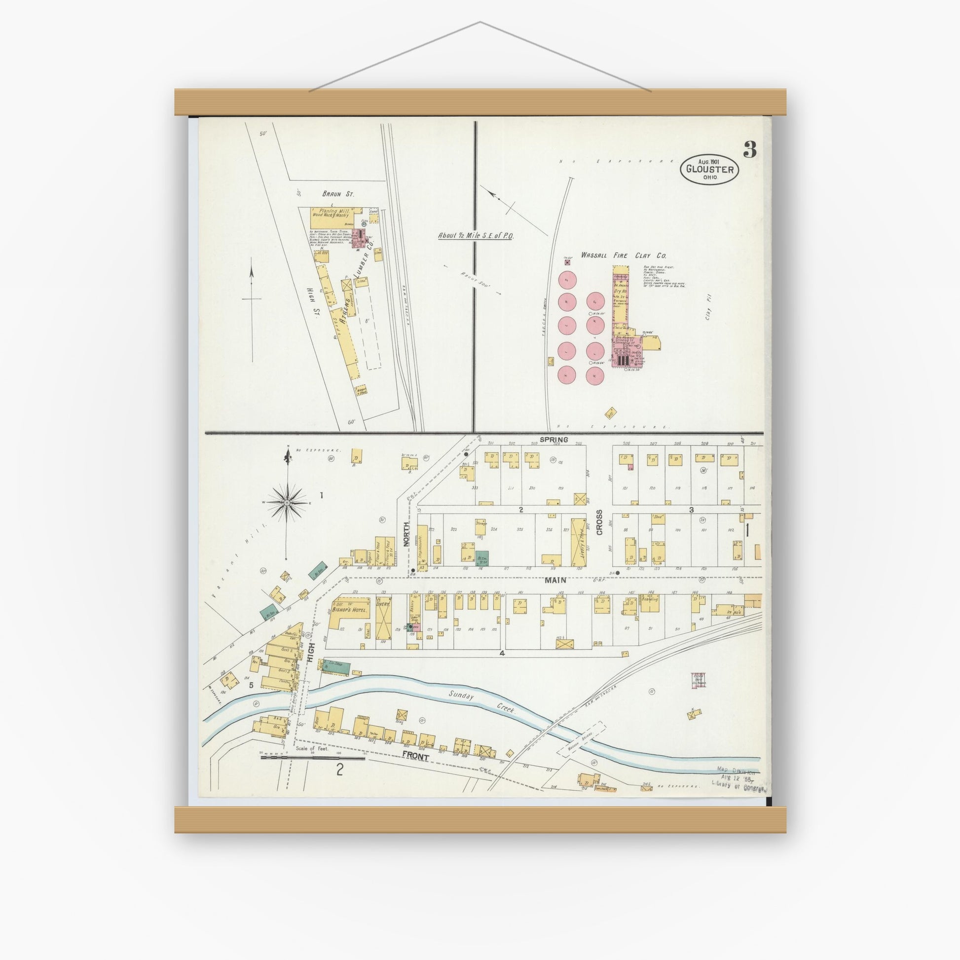 Old map wall art mockup — magnetic wood frame on white wall — Sanborn Fire Insurance Map from Glouster, Athens County, Ohio (1901), Sheet #0003