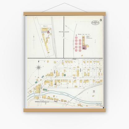 Old map wall art mockup — magnetic wood frame on white wall — Sanborn Fire Insurance Map from Glouster, Athens County, Ohio (1901), Sheet #0003