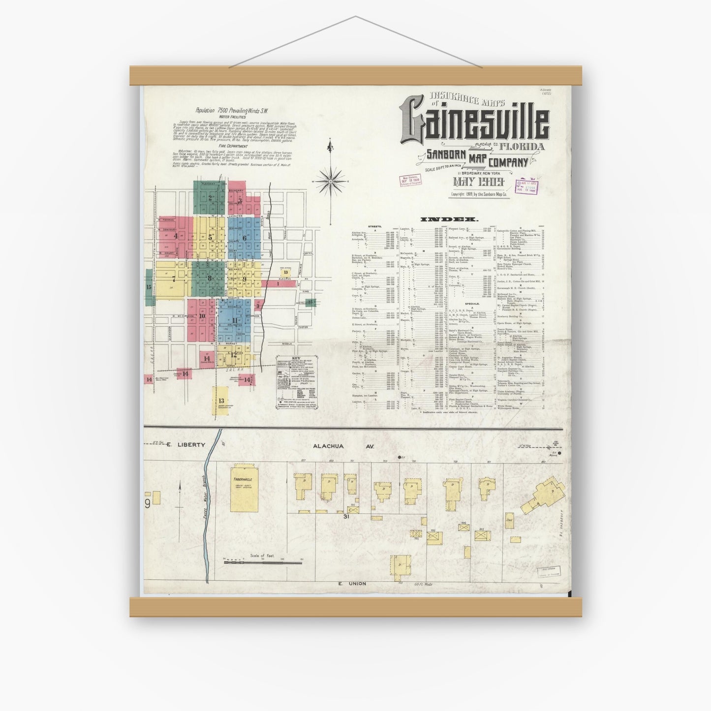 Old map wall art mockup — magnetic wood frame on white wall — Sanborn Fire Insurance Map from Gainesville, Alachua County, Florida (1909) - Complete Map Set