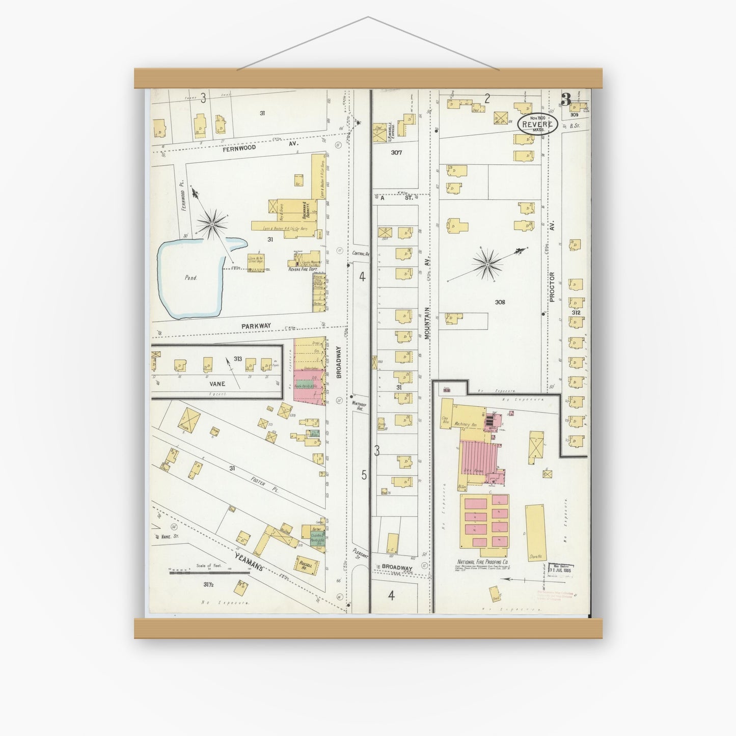 Old map wall art mockup — magnetic wood frame on white wall — Sanborn Fire Insurance Map from Revere, Suffolk County, Massachusetts (1900), Sheet #0003