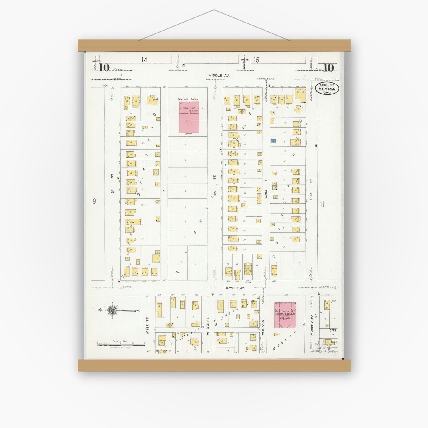 Old map wall art mockup — magnetic wood frame on white wall — Sanborn Fire Insurance Map from Elyria, Lorain County, Ohio (1925), Sheet #0010