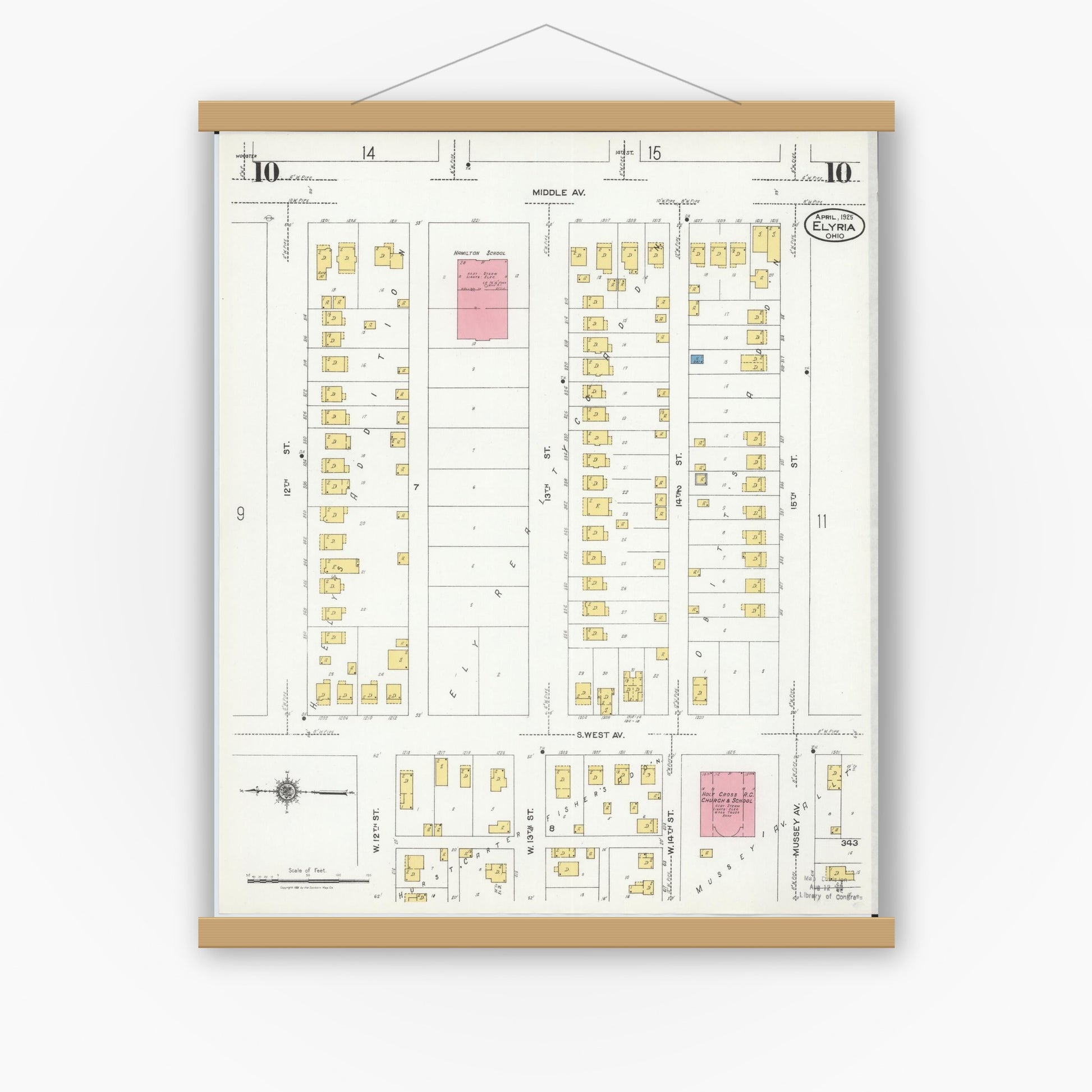 Old map wall art mockup — magnetic wood frame on white wall — Sanborn Fire Insurance Map from Elyria, Lorain County, Ohio (1925), Sheet #0010