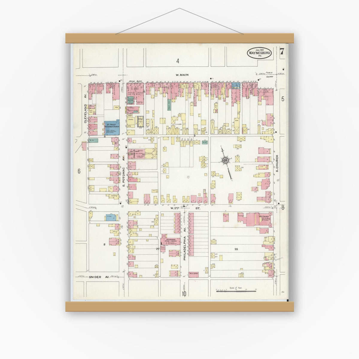 Old map wall art mockup — magnetic wood frame on white wall — Sanborn Fire Insurance Map from Waynesboro, Franklin County, Pennsylvania (1910), Sheet #0007
