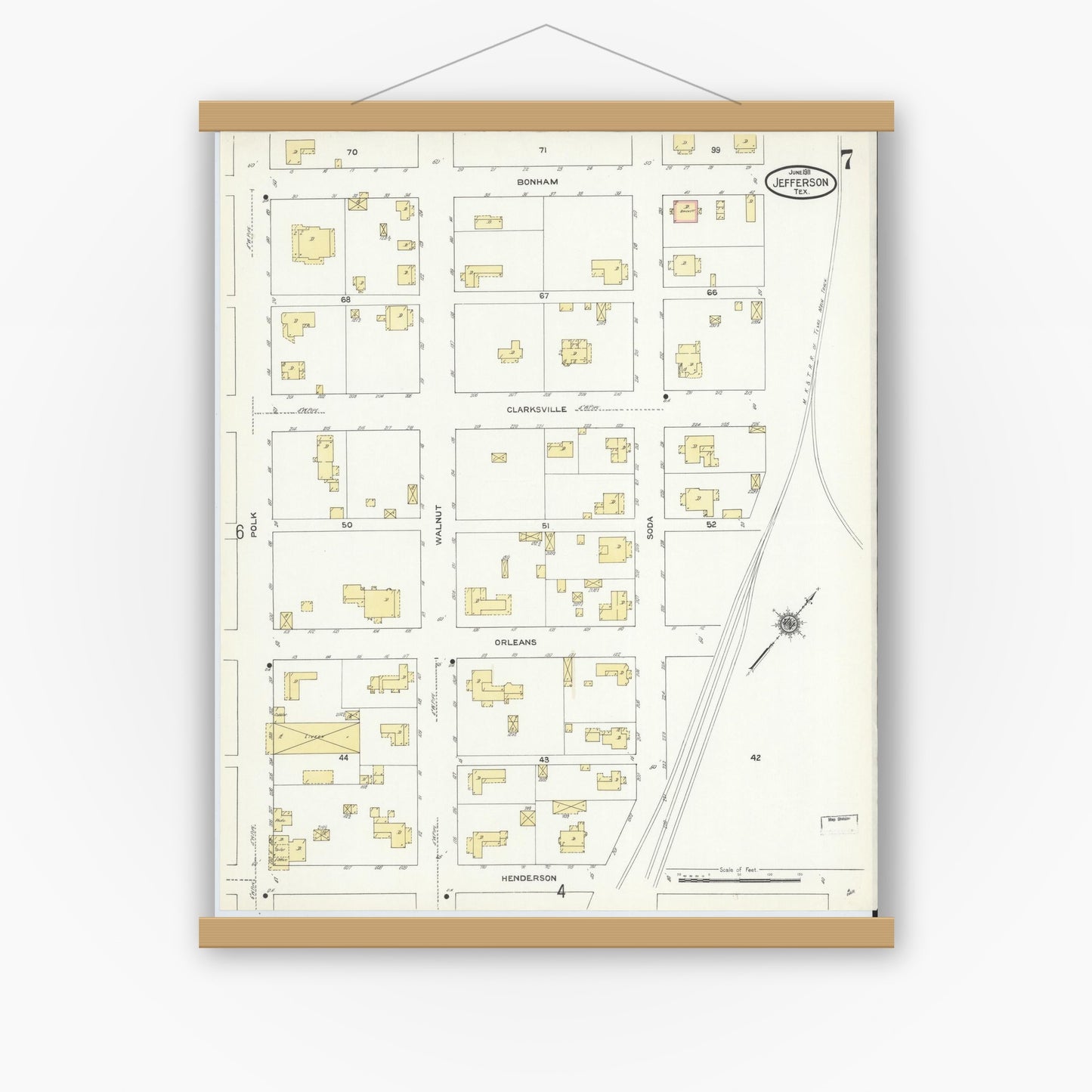 Old map wall art mockup — magnetic wood frame on white wall — Sanborn Fire Insurance Map from Jefferson, Marion County, Texas (1911), Sheet #0007