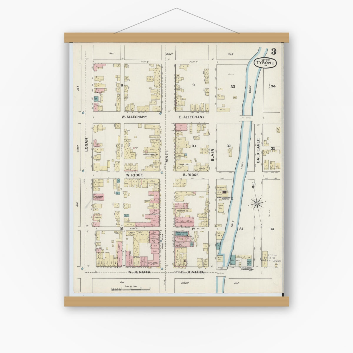 Old map wall art mockup — magnetic wood frame on white wall — Sanborn Fire Insurance Map from Tyrone, Blair County, Pennsylvania (1891), Sheet #0003