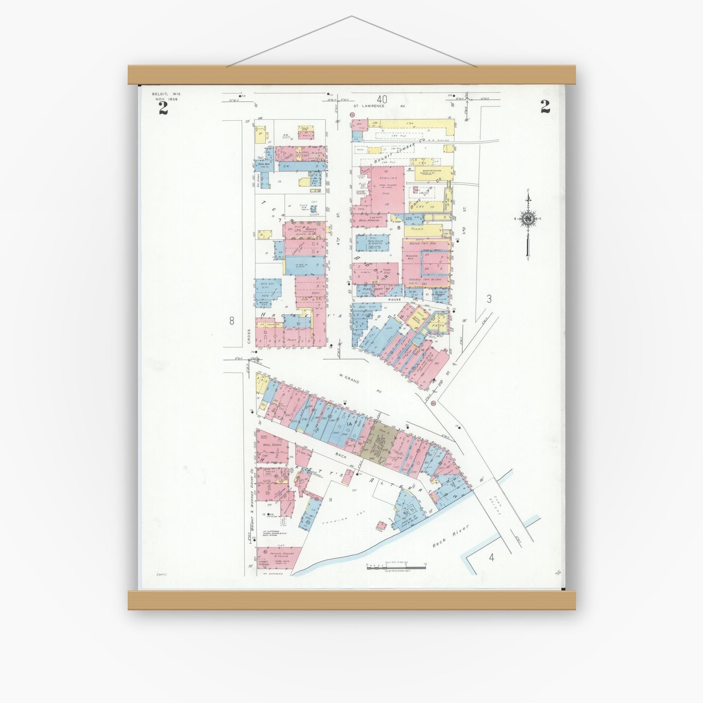Old map wall art mockup — magnetic wood frame on white wall — Sanborn Fire Insurance Map from Beloit, Rock County, Wisconsin (1939) - Complete Map Set