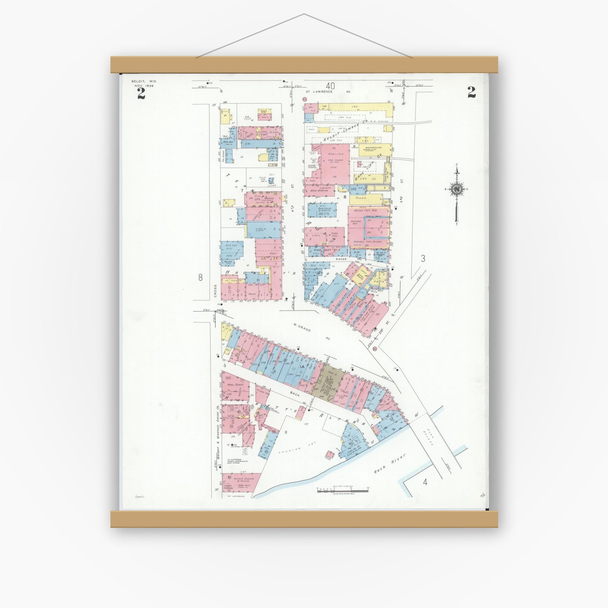 Old map wall art mockup — magnetic wood frame on white wall — Sanborn Fire Insurance Map from Beloit, Rock County, Wisconsin (1939) - Complete Map Set
