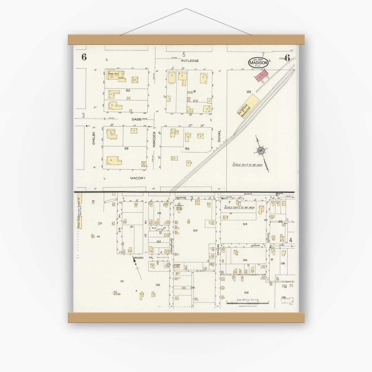 Old map wall art mockup — magnetic wood frame on white wall — Sanborn Fire Insurance Map from Madison, Madison County, Florida (1924), Sheet #0006