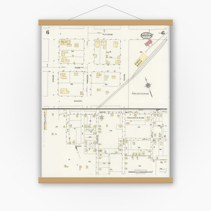 Old map wall art mockup — magnetic wood frame on white wall — Sanborn Fire Insurance Map from Madison, Madison County, Florida (1924), Sheet #0006