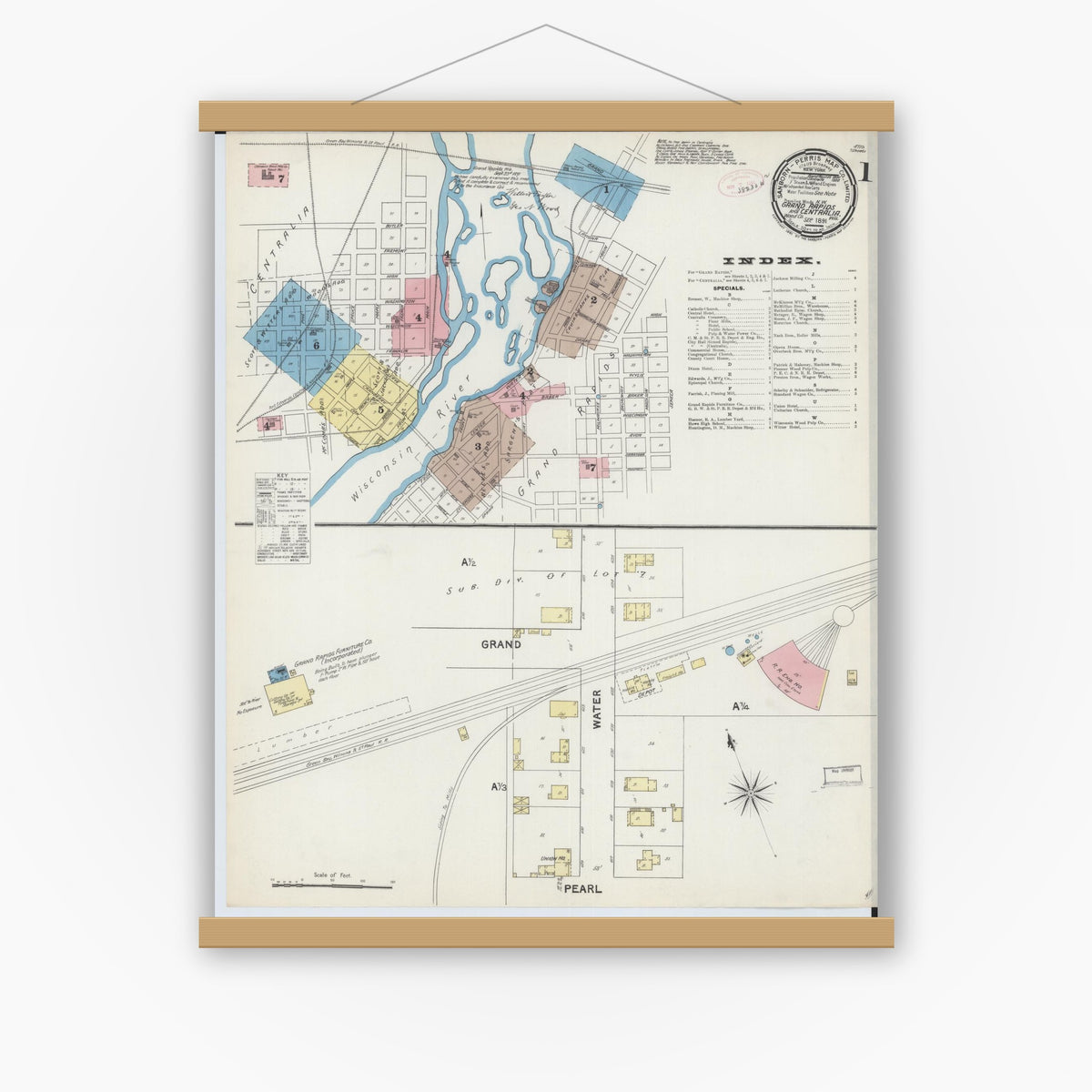 Old map wall art mockup — magnetic wood frame on white wall — Sanborn Fire Insurance Map from Grand Rapids, Wood County, Wisconsin (1891) - Complete Map Set