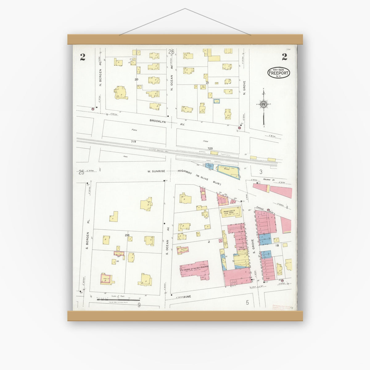 Old map wall art mockup — magnetic wood frame on white wall — Sanborn Fire Insurance Map from Freeport, Nassau County, New York (1928) - Complete Map Set