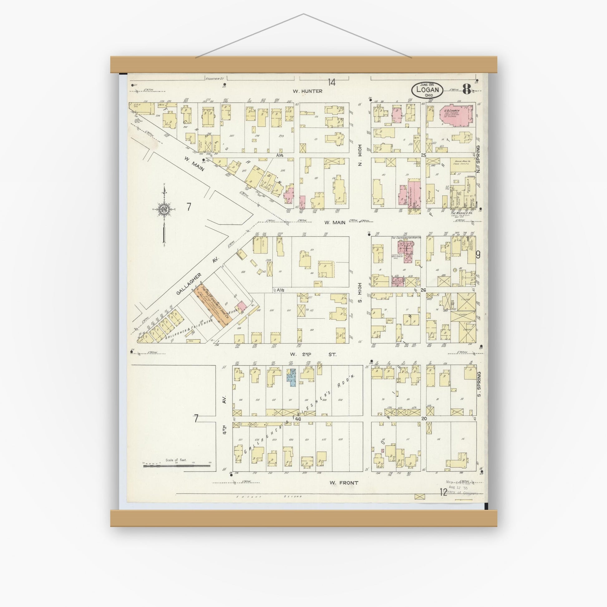 Old map wall art mockup — magnetic wood frame on white wall — Sanborn Fire Insurance Map from Logan, Hocking County, Ohio (1914), Sheet #0008