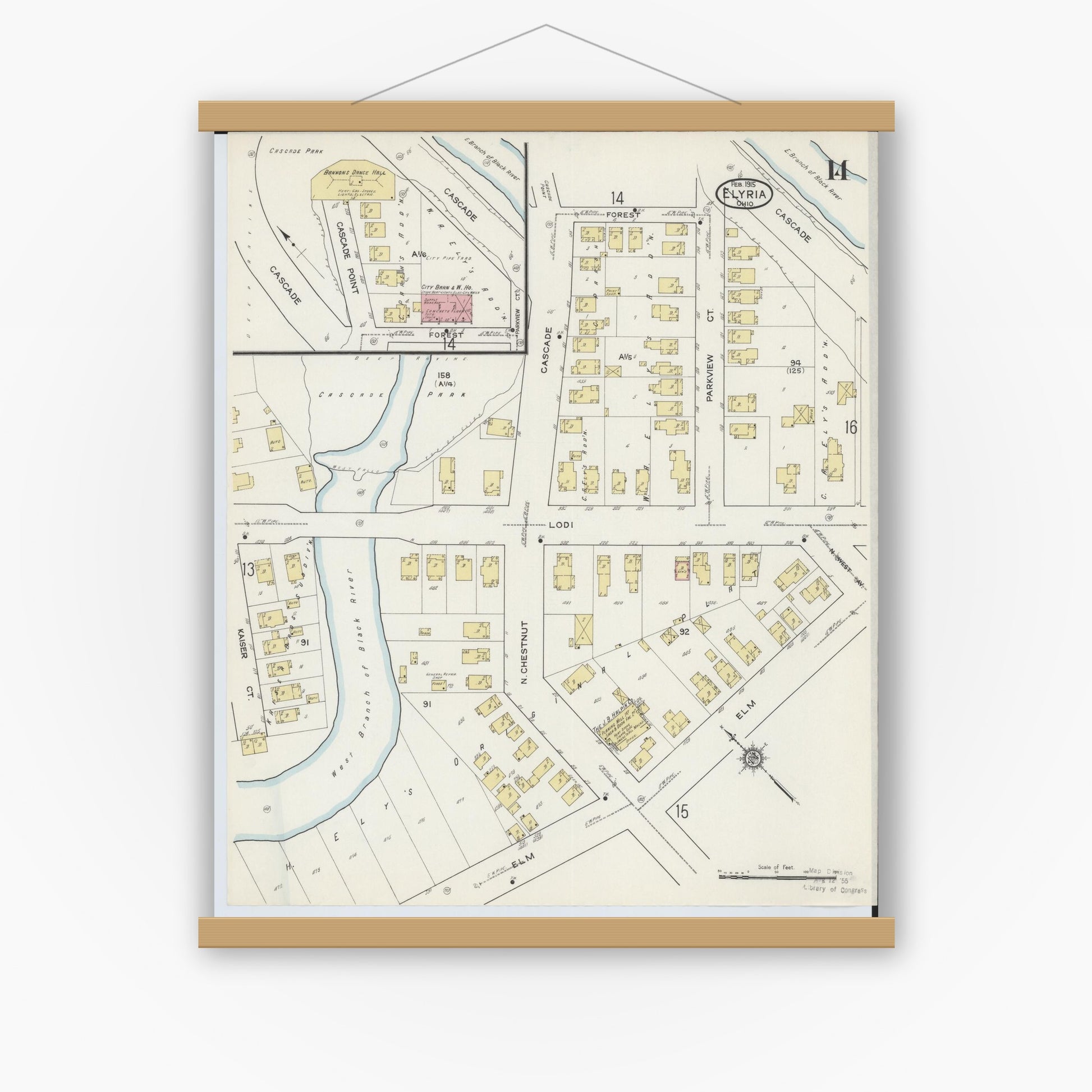 Old map wall art mockup — magnetic wood frame on white wall — Sanborn Fire Insurance Map from Elyria, Lorain County, Ohio (1915), Sheet #0014