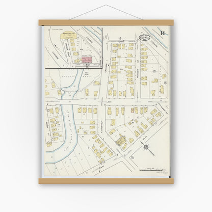 Old map wall art mockup — magnetic wood frame on white wall — Sanborn Fire Insurance Map from Elyria, Lorain County, Ohio (1915), Sheet #0014