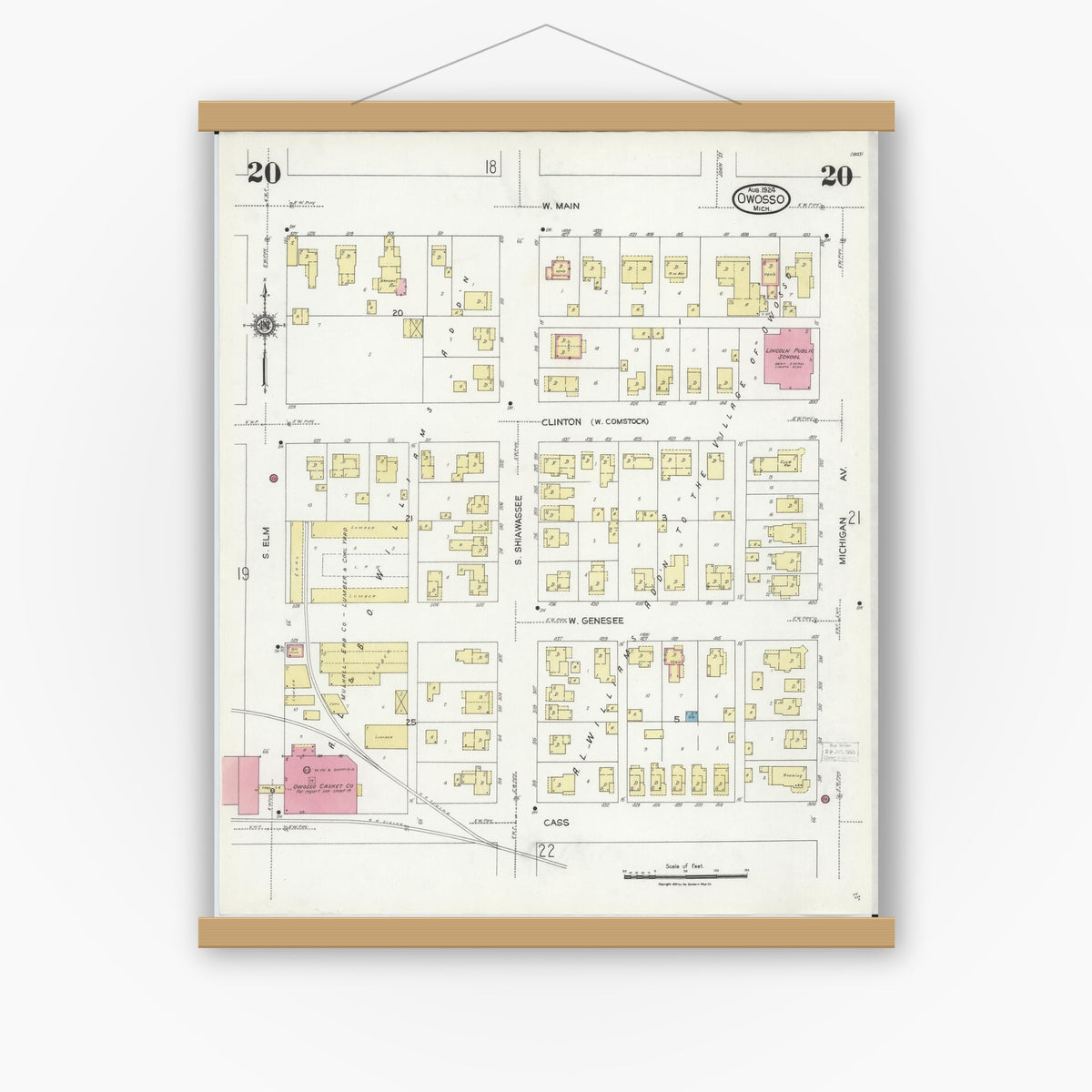 Old map wall art mockup — magnetic wood frame on white wall — Sanborn Fire Insurance Map from Owosso, Shiawassee County, Michigan (1924), Sheet #0020