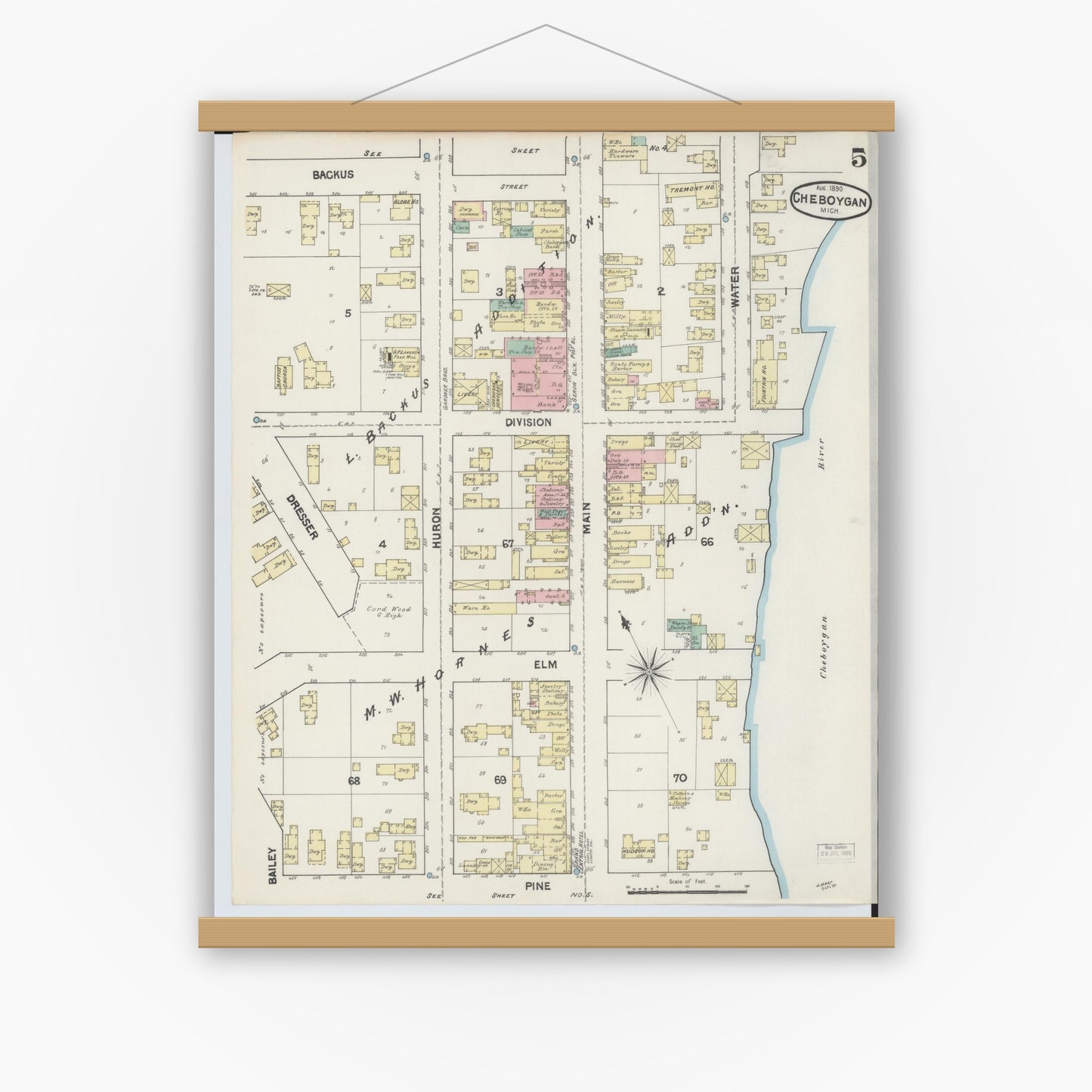 Old map wall art mockup — magnetic wood frame on white wall — Sanborn Fire Insurance Map from Cheboygan, Cheboygan County, Michigan (1890), Sheet #0005