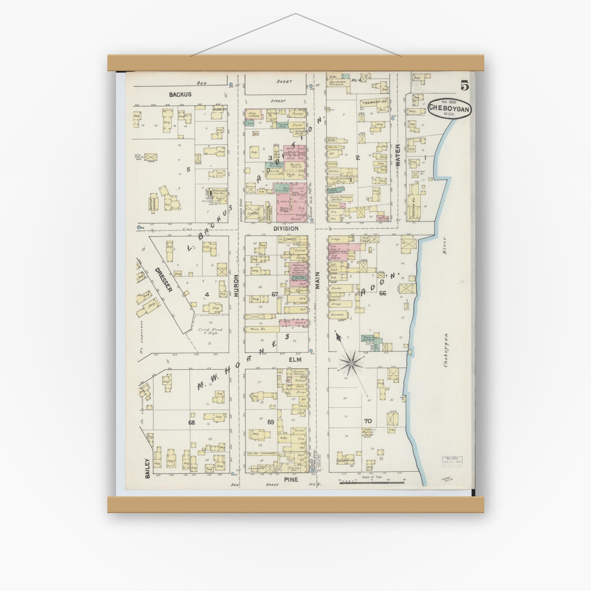 Old map wall art mockup — magnetic wood frame on white wall — Sanborn Fire Insurance Map from Cheboygan, Cheboygan County, Michigan (1890), Sheet #0005