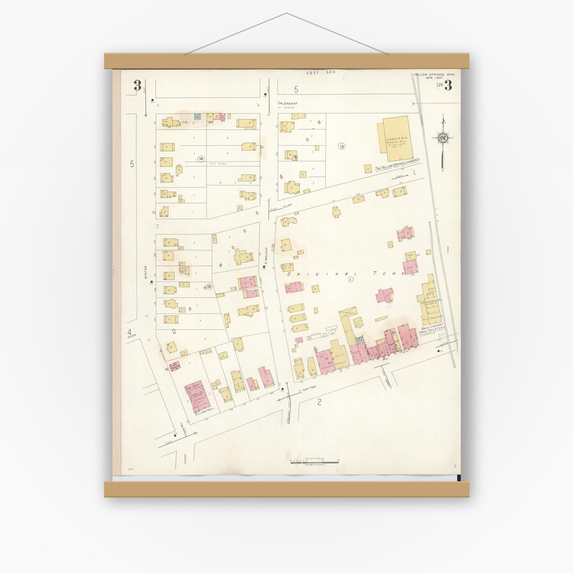 Old map wall art mockup — magnetic wood frame on white wall — Sanborn Fire Insurance Map from Yellow Springs, Greene County, Ohio (1945), Sheet #0003