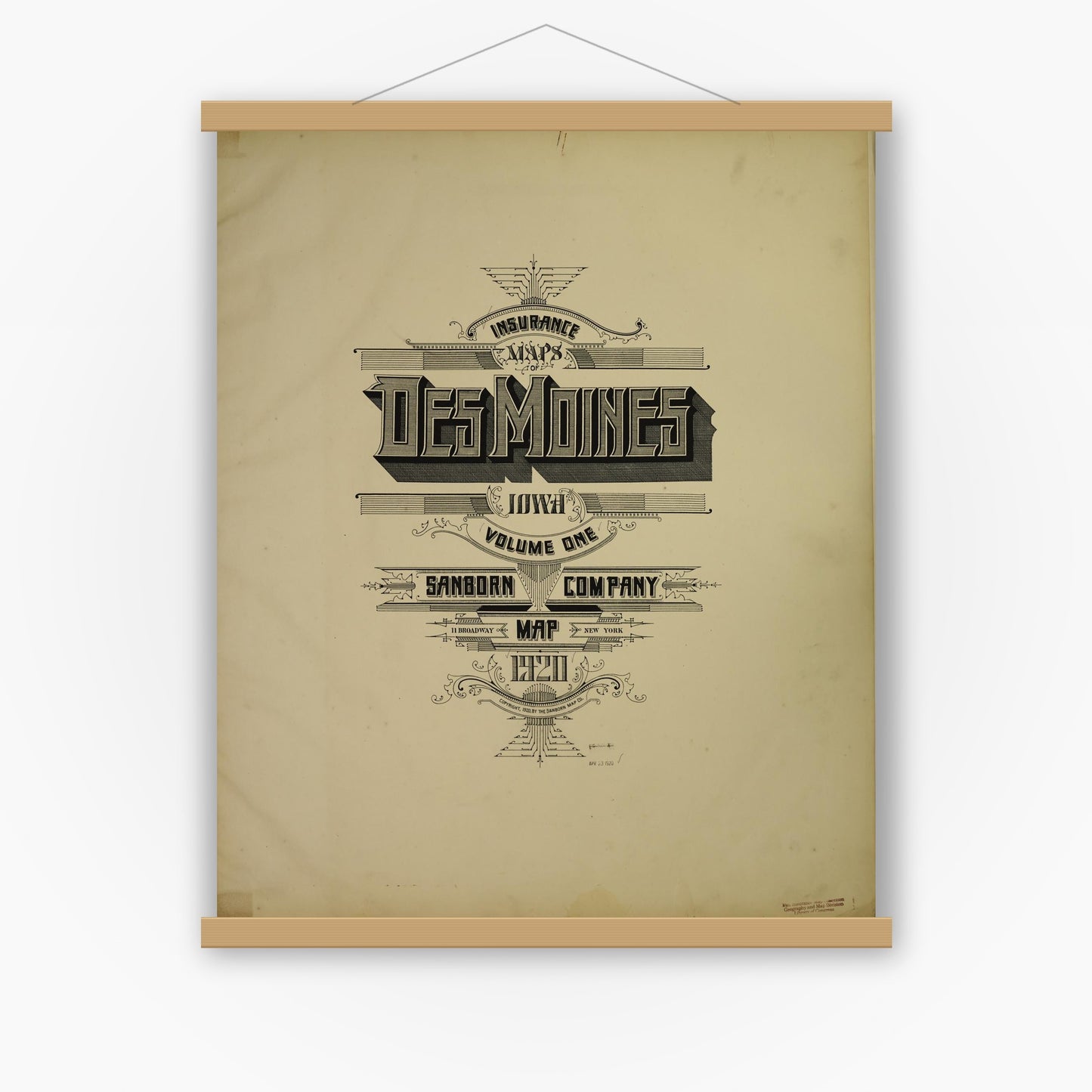 Old map wall art mockup — magnetic wood frame on white wall — Sanborn Fire Insurance Map from Des Moines, Polk County, Iowa (1920), Sheet #0001