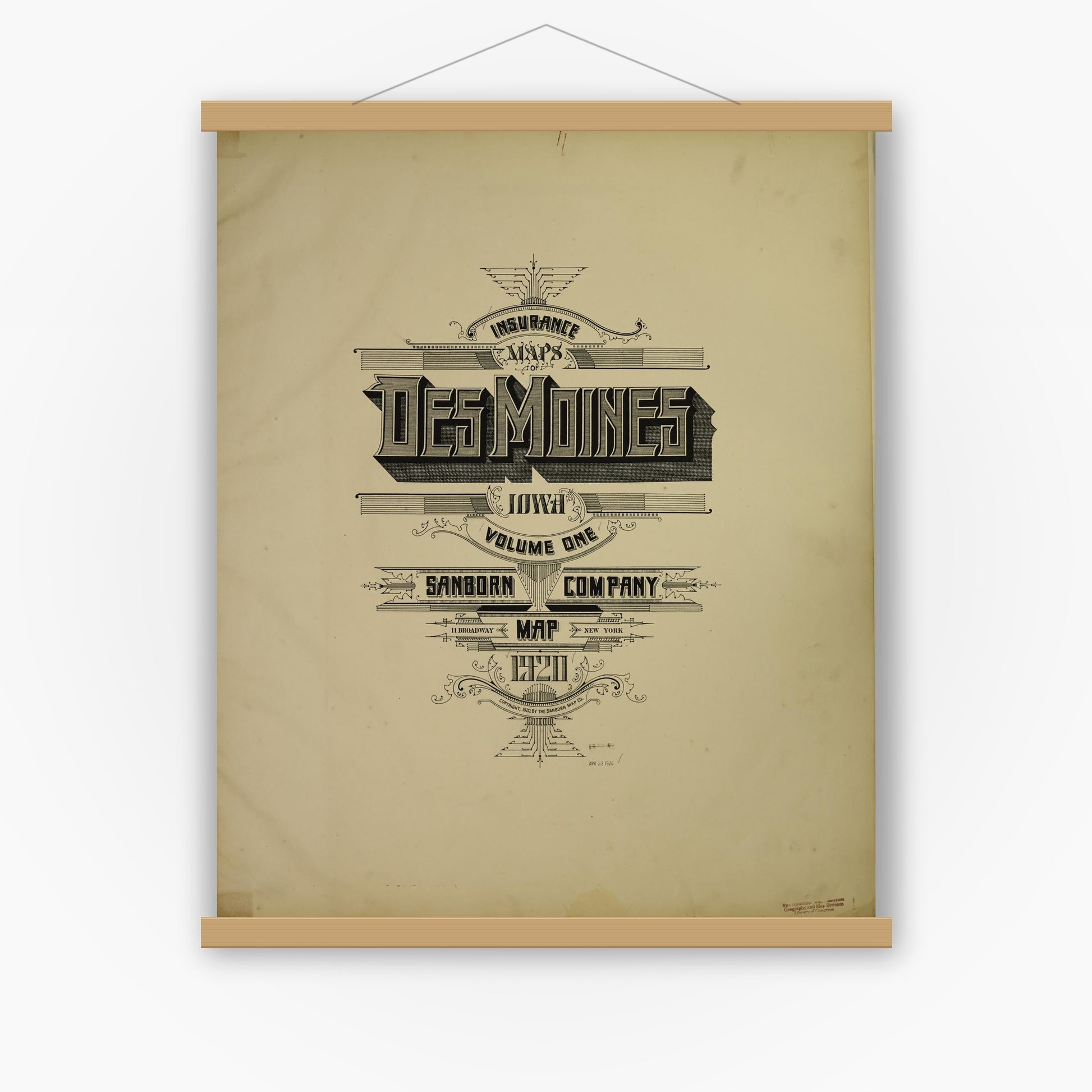 Old map wall art mockup — magnetic wood frame on white wall — Sanborn Fire Insurance Map from Des Moines, Polk County, Iowa (1920), Sheet #0001