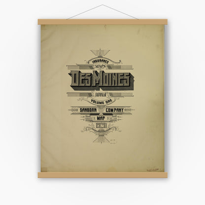 Old map wall art mockup — magnetic wood frame on white wall — Sanborn Fire Insurance Map from Des Moines, Polk County, Iowa (1920), Sheet #0001