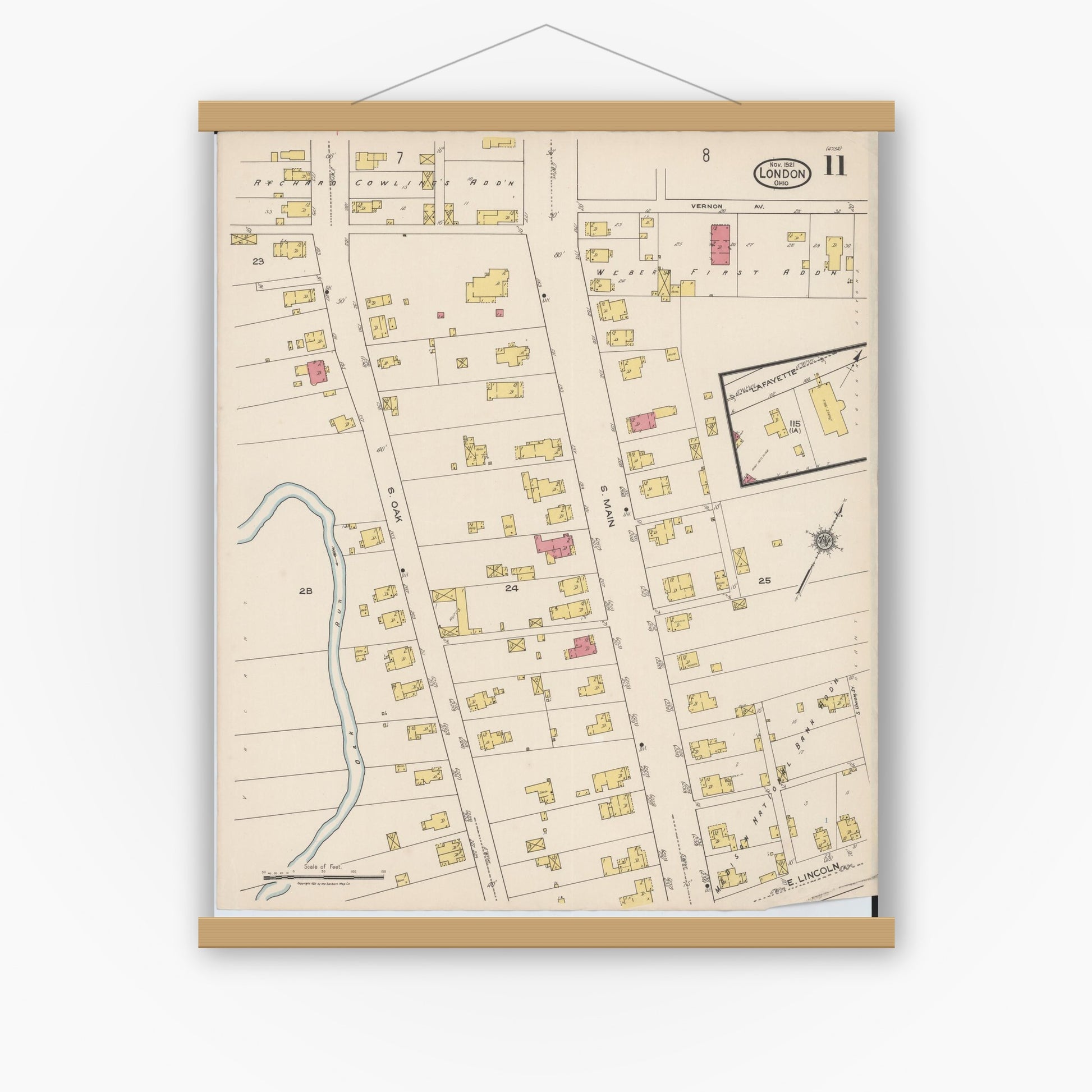 Old map wall art mockup — magnetic wood frame on white wall — Sanborn Fire Insurance Map from London, Madison County, Ohio (1921), Sheet #0011