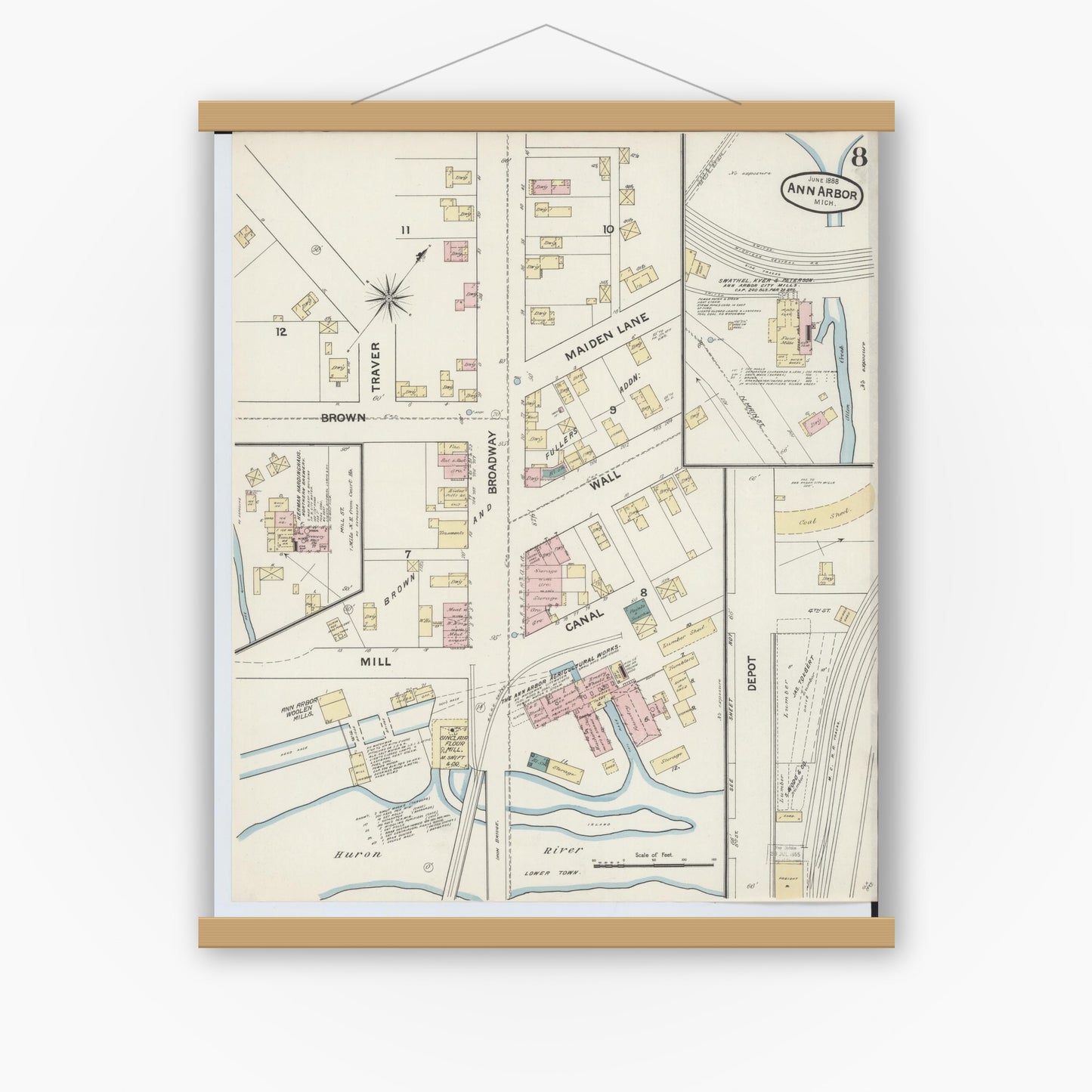 Old map wall art mockup — magnetic wood frame on white wall — Sanborn Fire Insurance Map from Ann Arbor, Washtenaw County, Michigan (1888), Sheet #0008