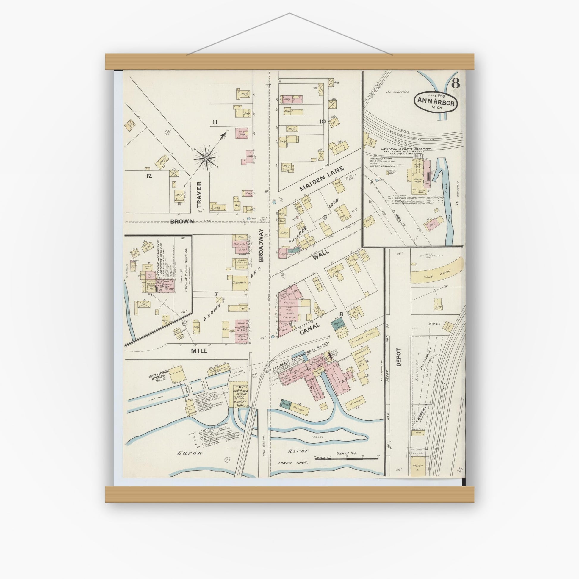 Old map wall art mockup — magnetic wood frame on white wall — Sanborn Fire Insurance Map from Ann Arbor, Washtenaw County, Michigan (1888), Sheet #0008