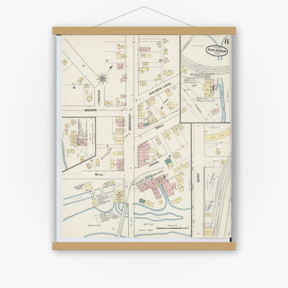 Old map wall art mockup — magnetic wood frame on white wall — Sanborn Fire Insurance Map from Ann Arbor, Washtenaw County, Michigan (1888), Sheet #0008