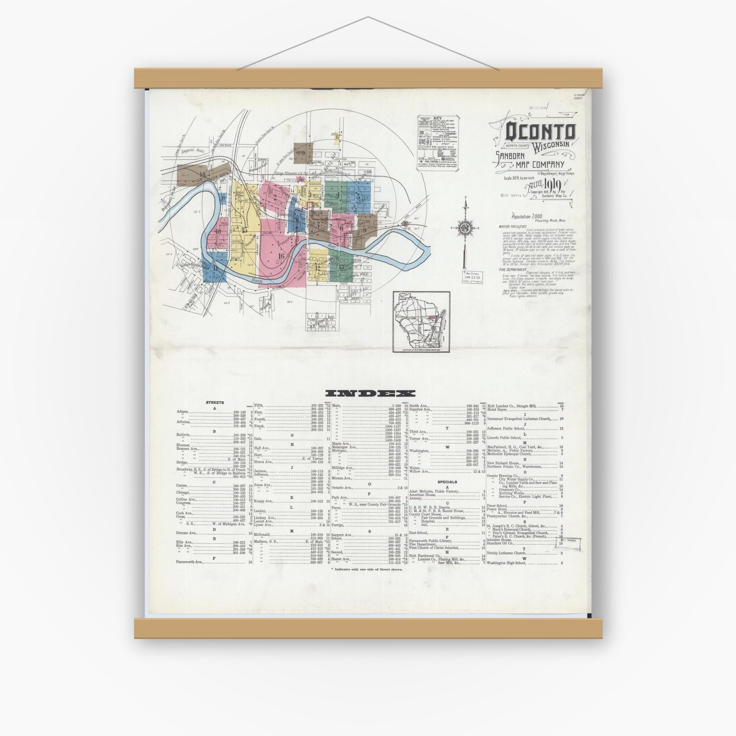 Old map wall art mockup — magnetic wood frame on white wall — Sanborn Fire Insurance Map from Oconto, Oconto County, Wisconsin (1919), Sheet #0001