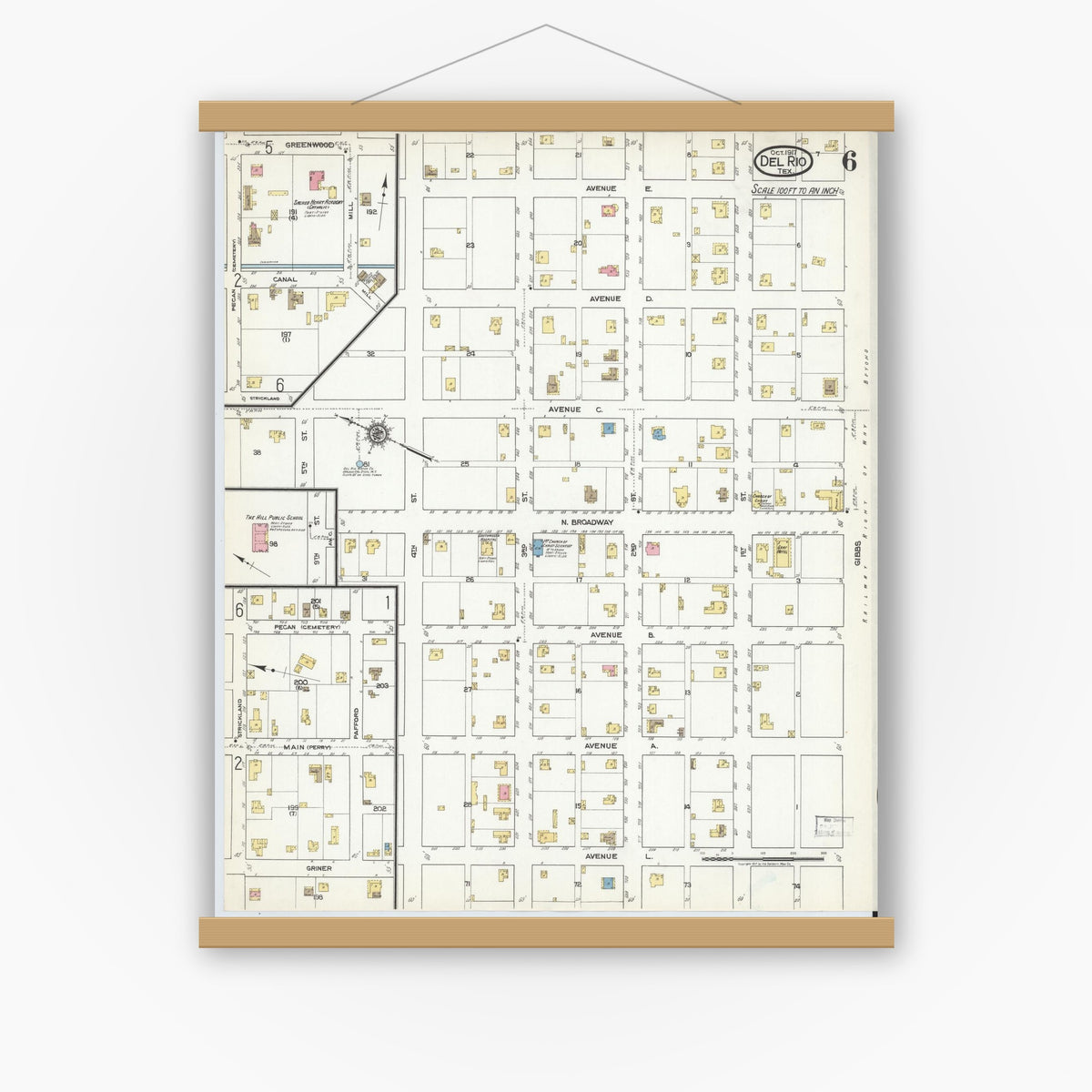 Old map wall art mockup — magnetic wood frame on white wall — Sanborn Fire Insurance Map from Del Rio, Val Verde County, Texas (1917), Sheet #0006