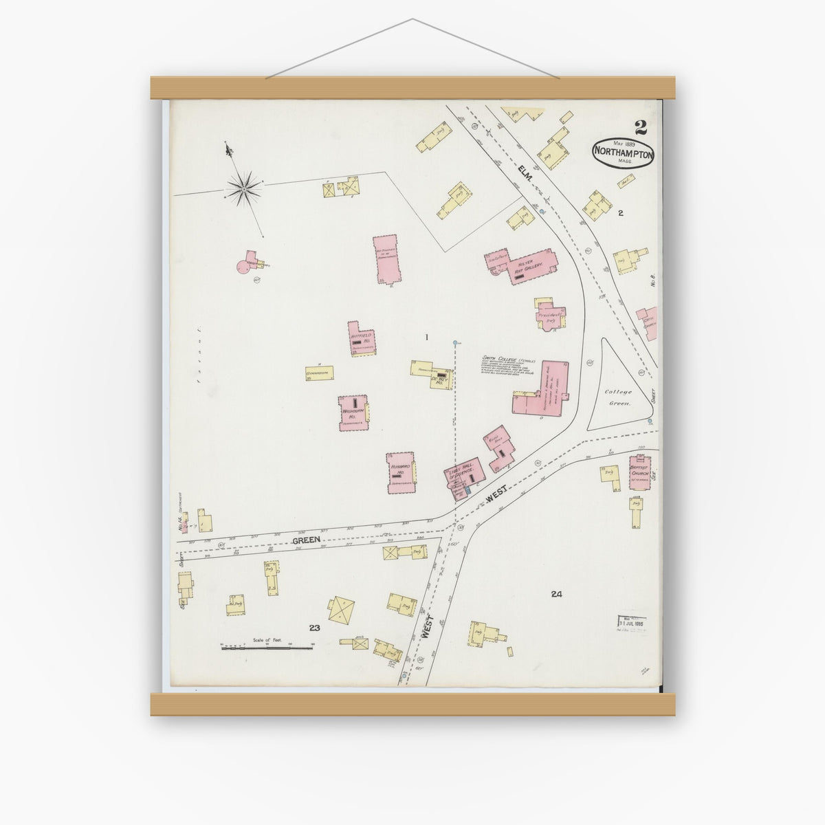 Old map wall art mockup — magnetic wood frame on white wall — Sanborn Fire Insurance Map from Northampton, Hampshire County, Massachusetts (1889), Sheet #0002