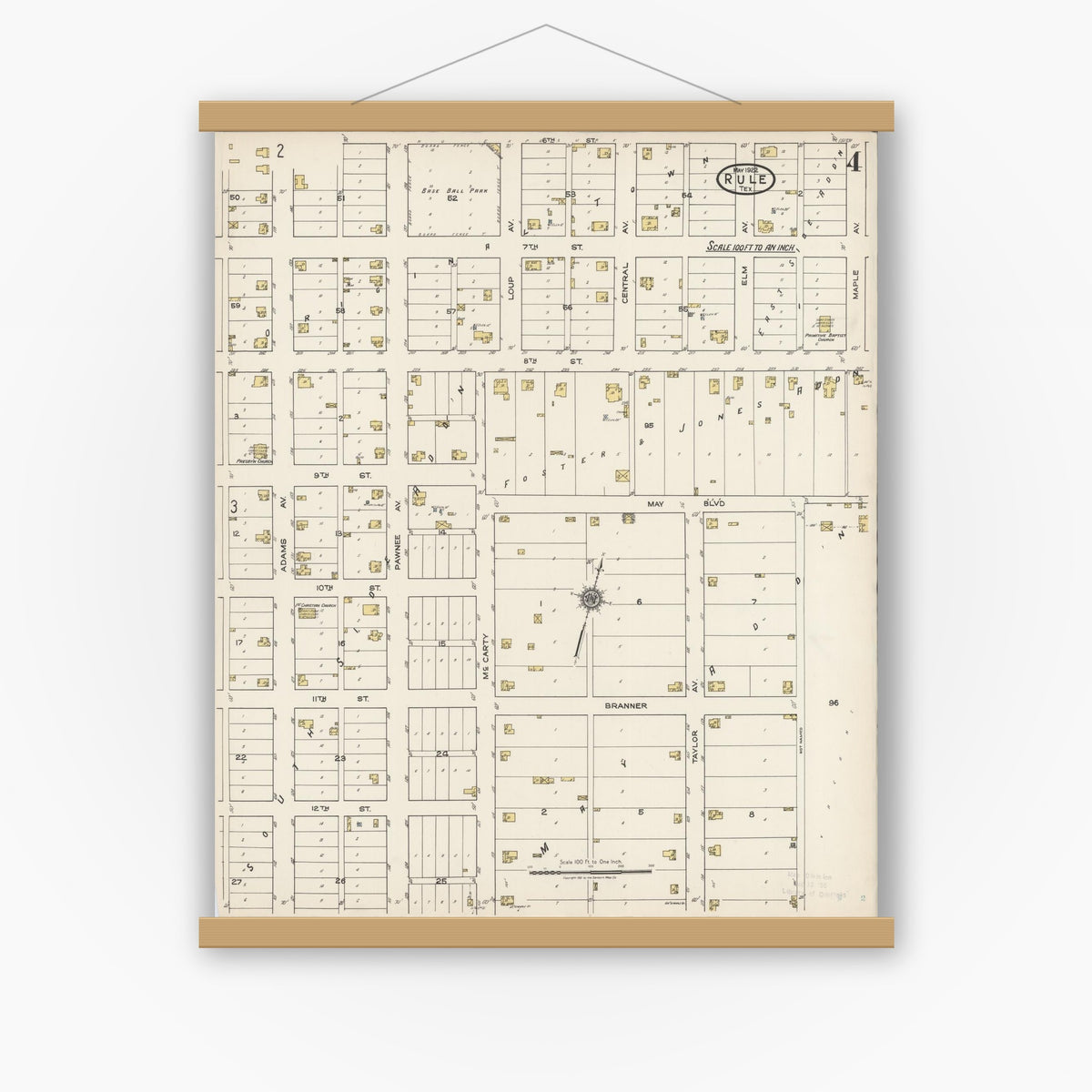 Old map wall art mockup — magnetic wood frame on white wall — Sanborn Fire Insurance Map from Rule, Haskell County, Texas (1922), Sheet #0004