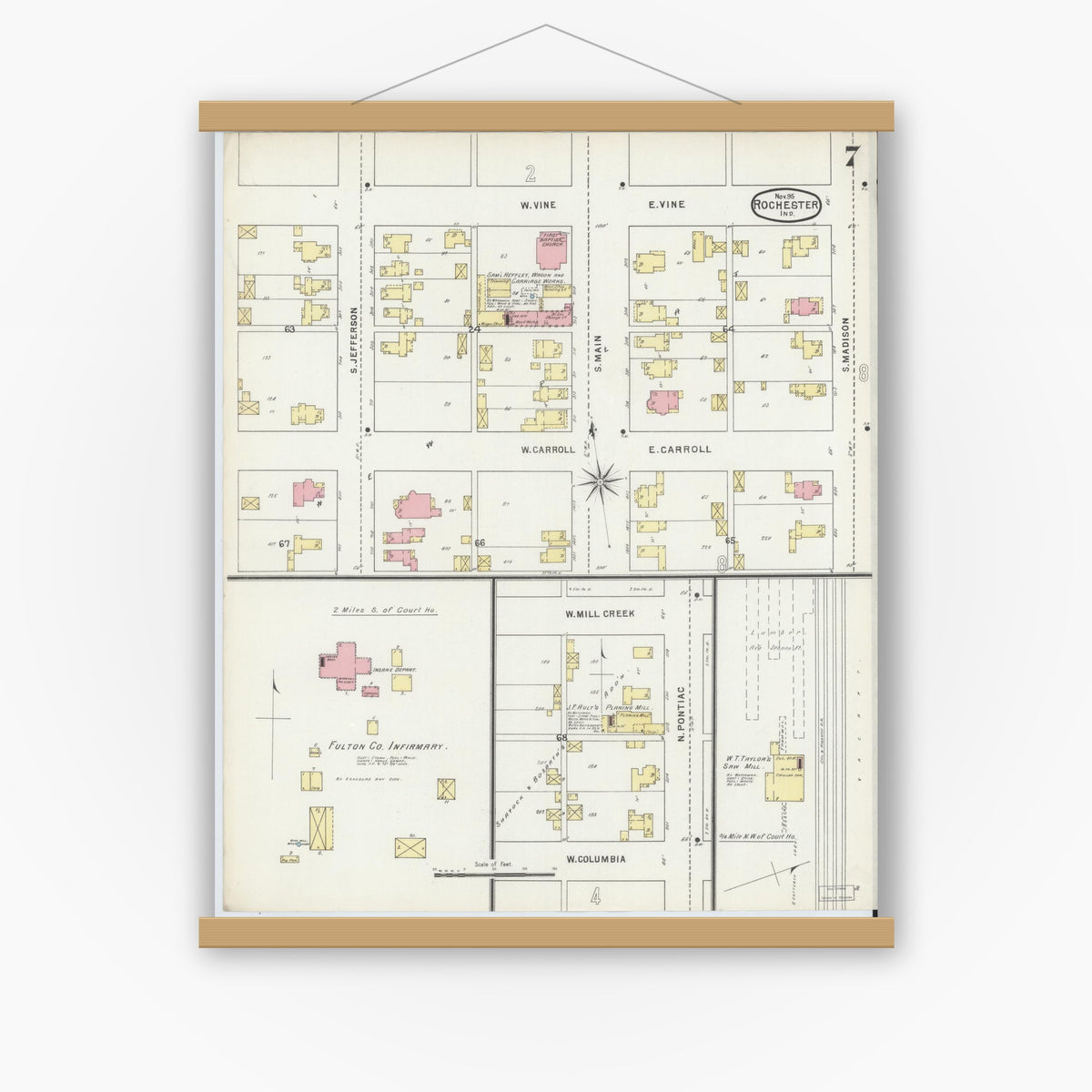 Old map wall art mockup — magnetic wood frame on white wall — Sanborn Fire Insurance Map from Rochester, Fulton County, Indiana (1895), Sheet #0007