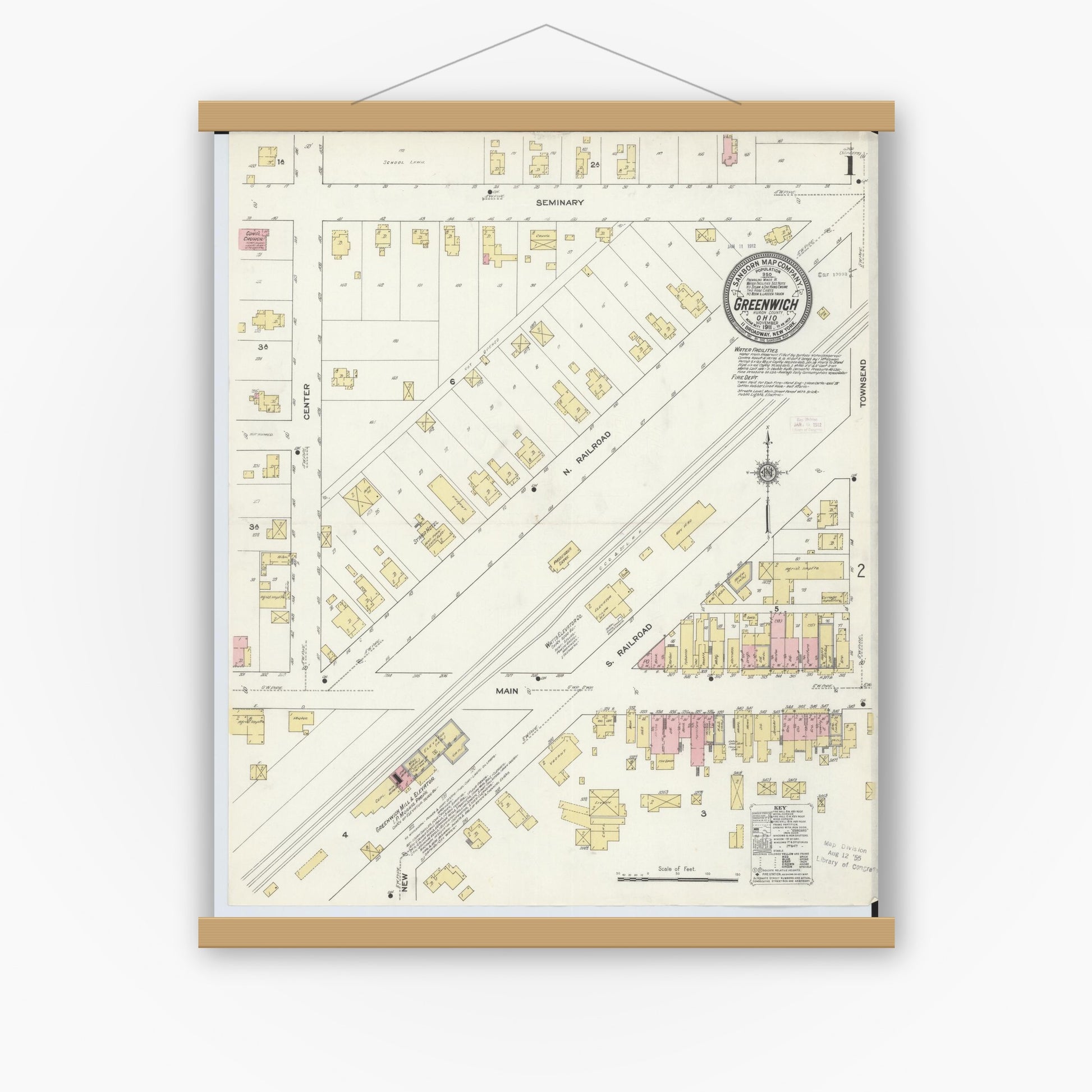 Old map wall art mockup — magnetic wood frame on white wall — Sanborn Fire Insurance Map from Greenwich, Huron County, Ohio (1911), Sheet #0001