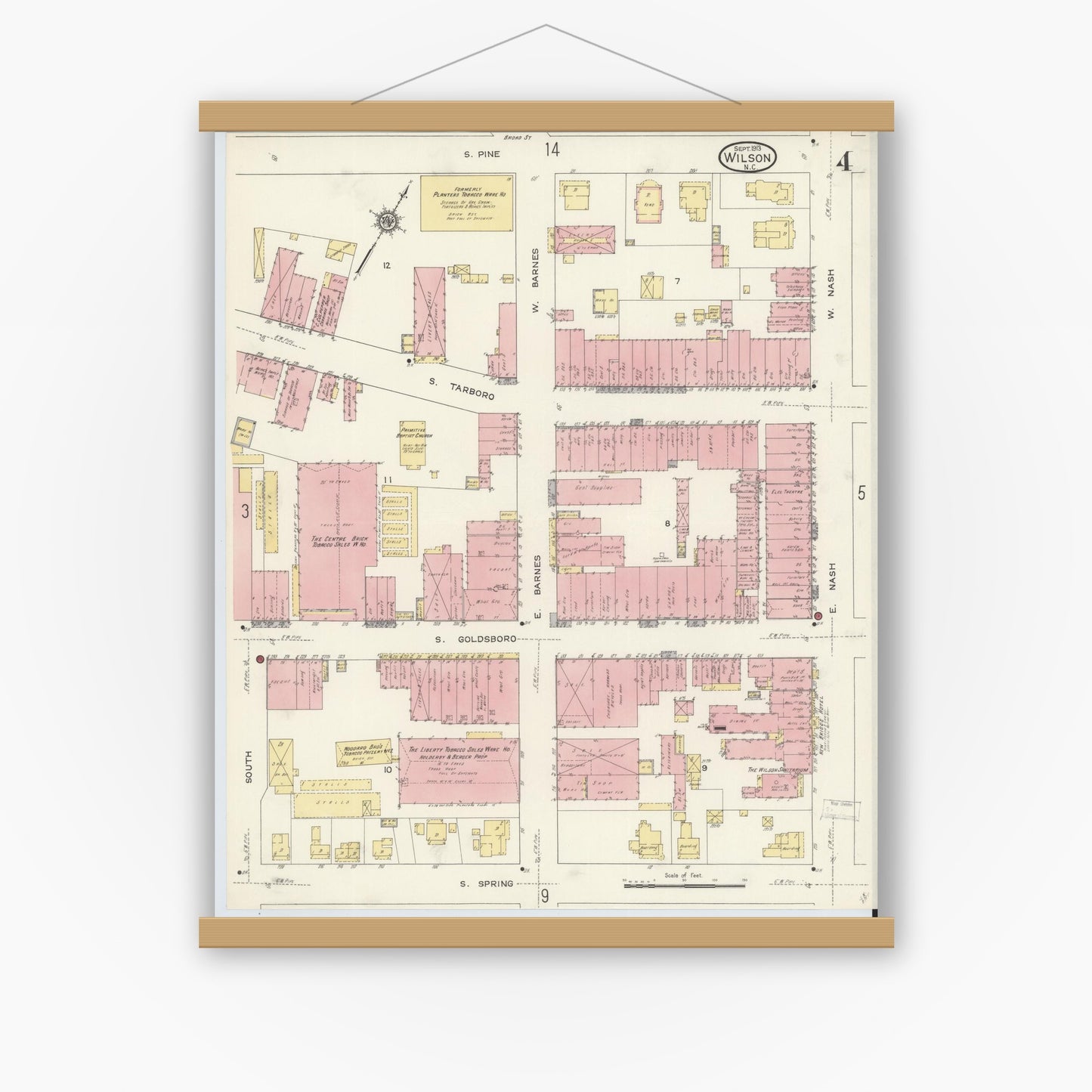 Old map wall art mockup — magnetic wood frame on white wall — Sanborn Fire Insurance Map from Wilson, Wilson County, North Carolina (1913), Sheet #0004