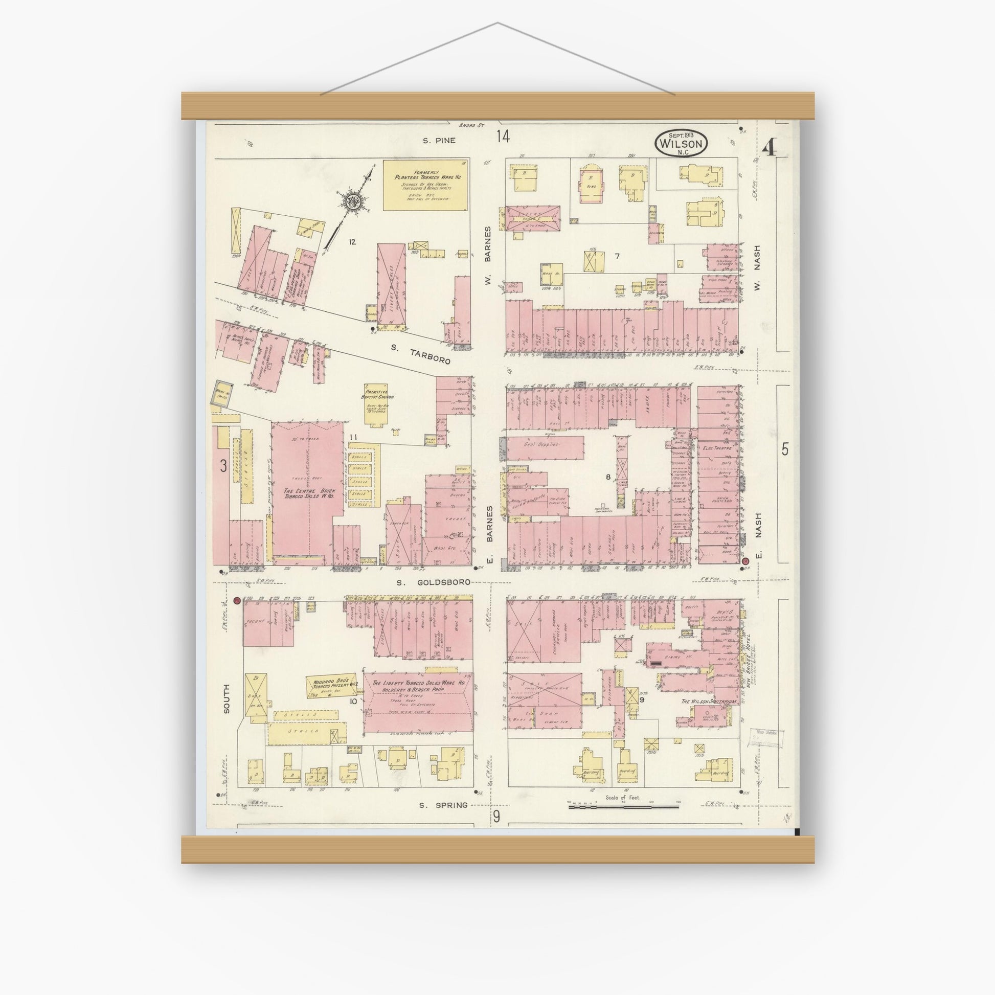 Old map wall art mockup — magnetic wood frame on white wall — Sanborn Fire Insurance Map from Wilson, Wilson County, North Carolina (1913), Sheet #0004