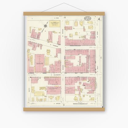 Old map wall art mockup — magnetic wood frame on white wall — Sanborn Fire Insurance Map from Wilson, Wilson County, North Carolina (1913), Sheet #0004