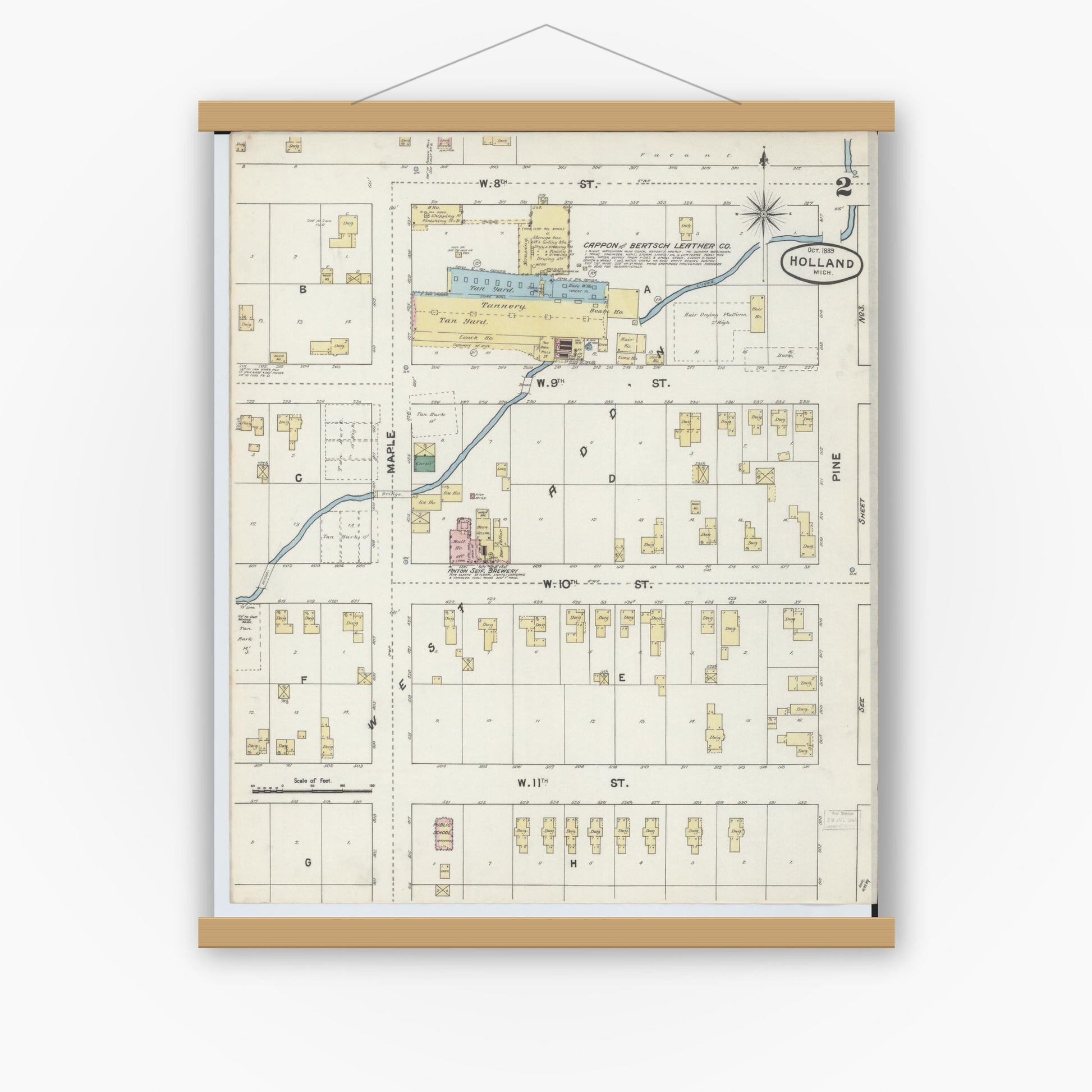 Old map wall art mockup — magnetic wood frame on white wall — Sanborn Fire Insurance Map from Holland, Ottawa County, Michigan (1889), Sheet #0002