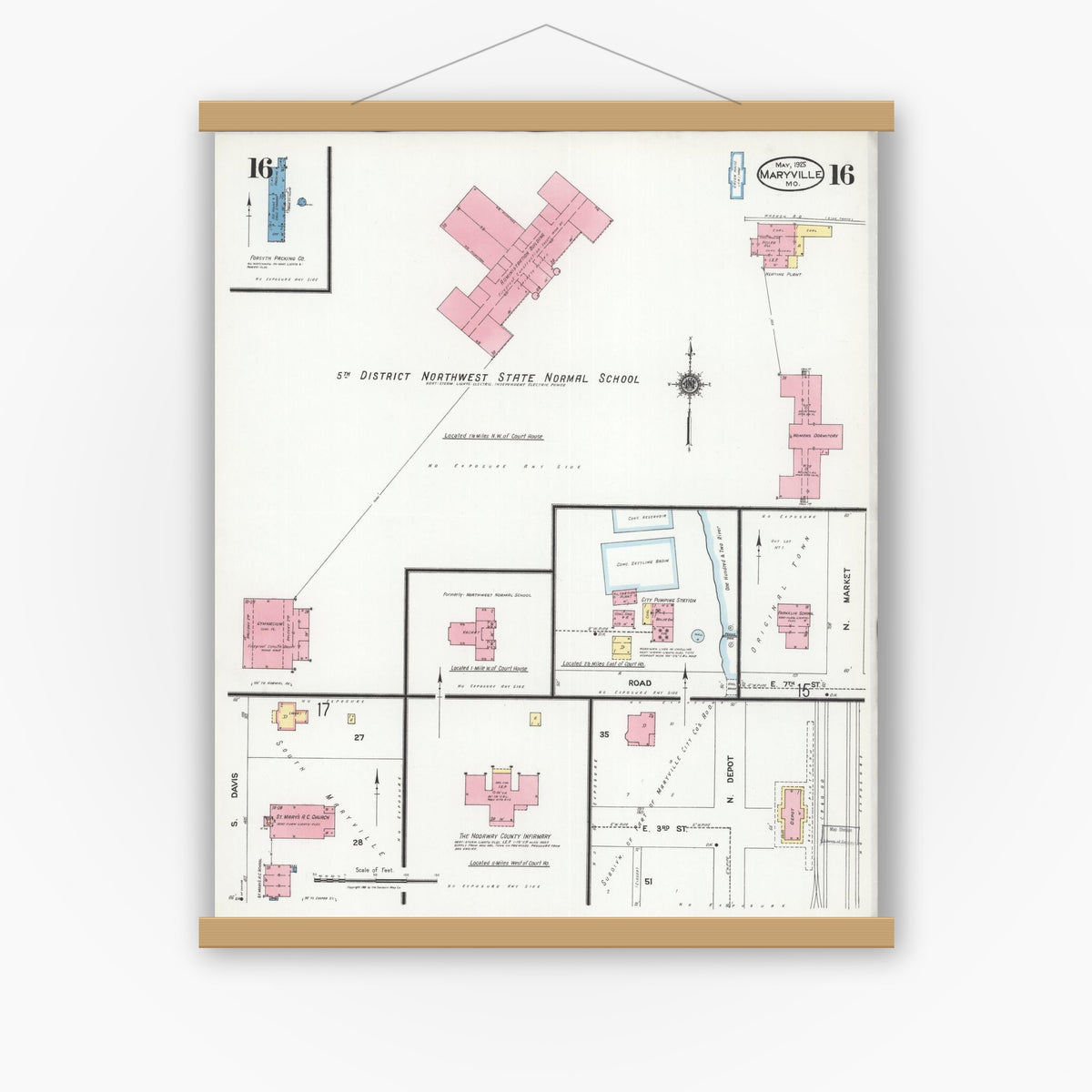 Old map wall art mockup — magnetic wood frame on white wall — Sanborn Fire Insurance Map from Maryville, Nodaway County, Missouri (1925), Sheet #0016