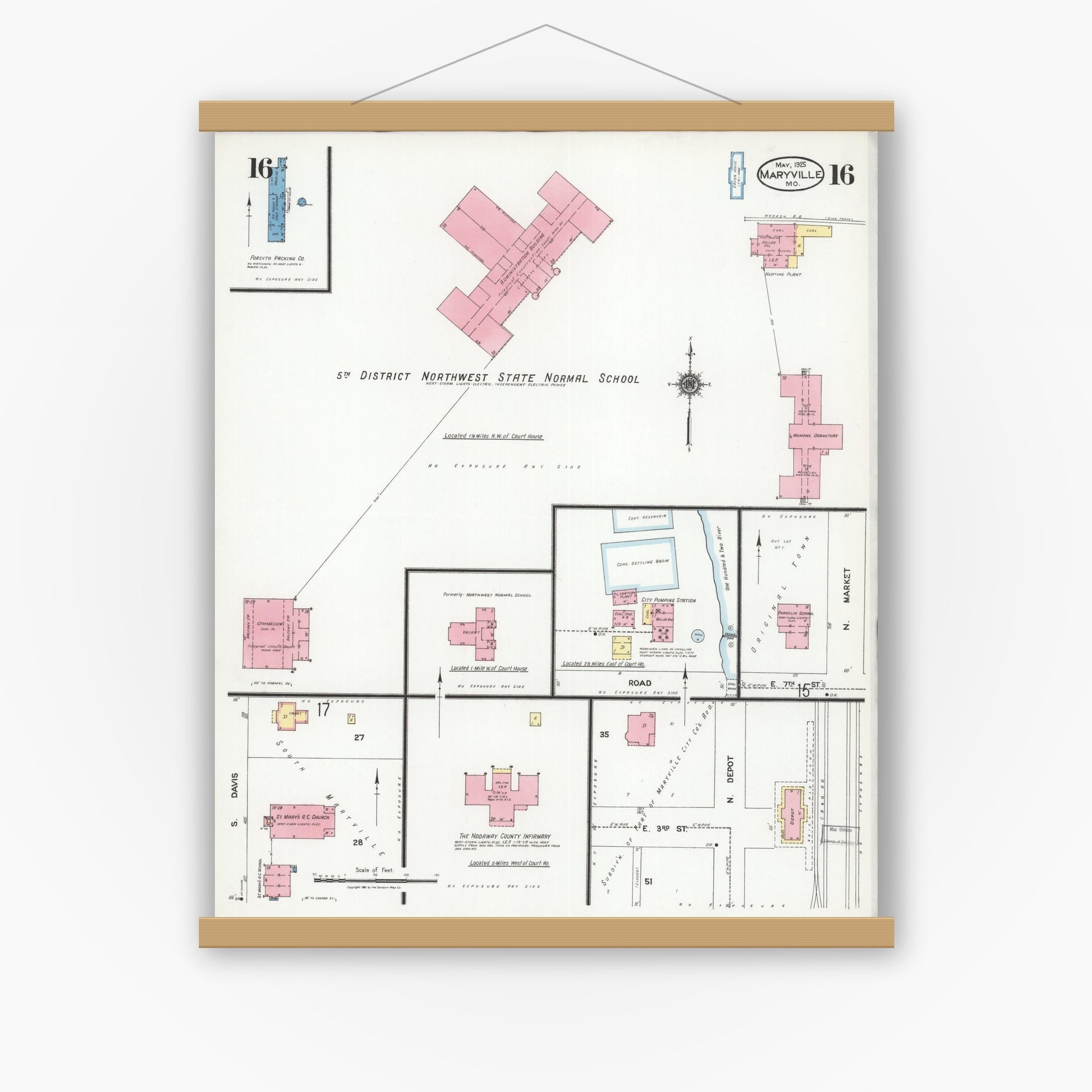Old map wall art mockup — magnetic wood frame on white wall — Sanborn Fire Insurance Map from Maryville, Nodaway County, Missouri (1925), Sheet #0016