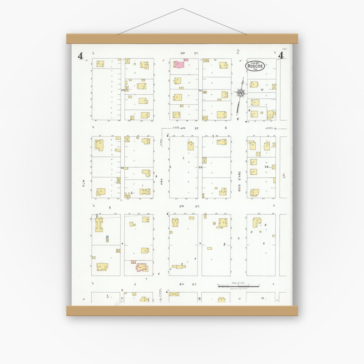 Old map wall art mockup — magnetic wood frame on white wall — Sanborn Fire Insurance Map from Roscoe, Nolan County, Texas (1927), Sheet #0004