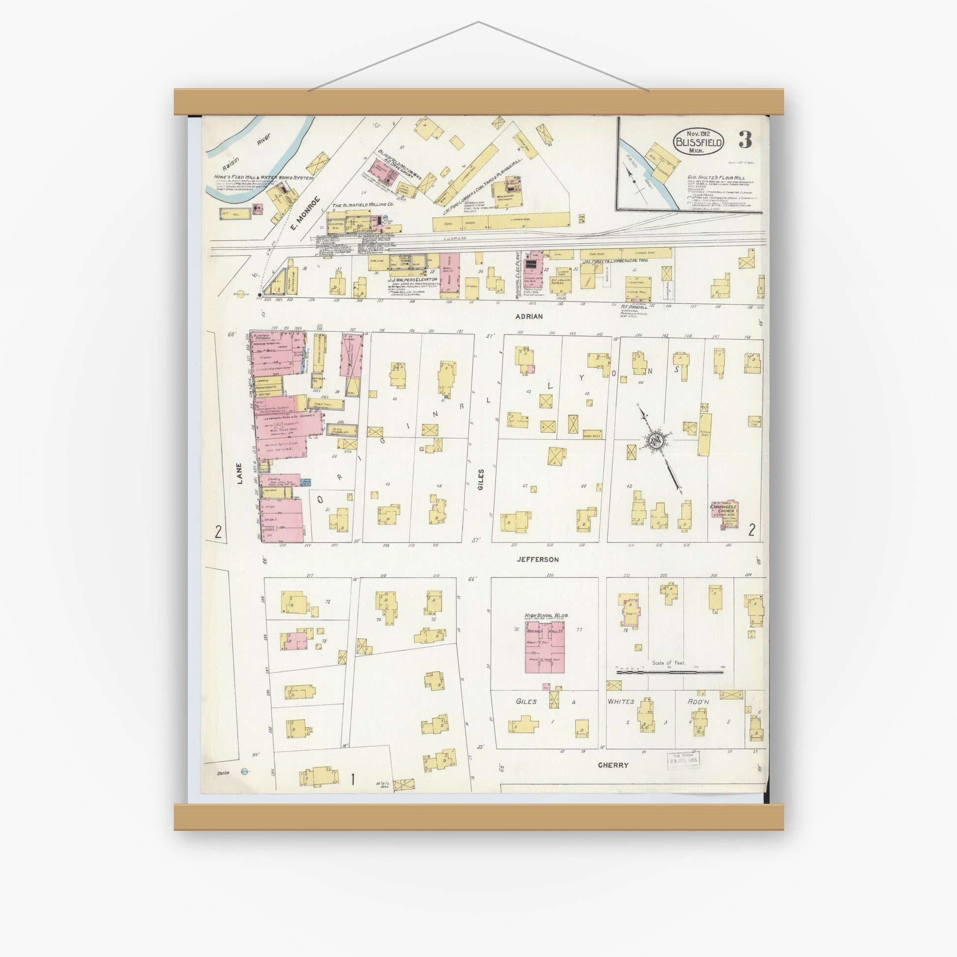 Old map wall art mockup — magnetic wood frame on white wall — Sanborn Fire Insurance Map from Blissfield, Lenawee County, Michigan (1912), Sheet #0003
