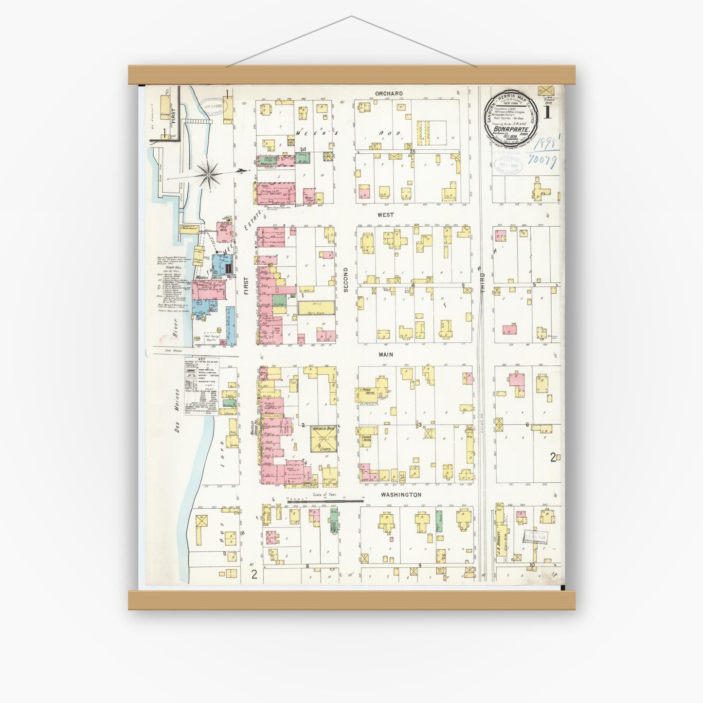 Old map wall art mockup — magnetic wood frame on white wall — Sanborn Fire Insurance Map from Bonaparte, Van Buren County, Iowa (1898) â€” Complete Set