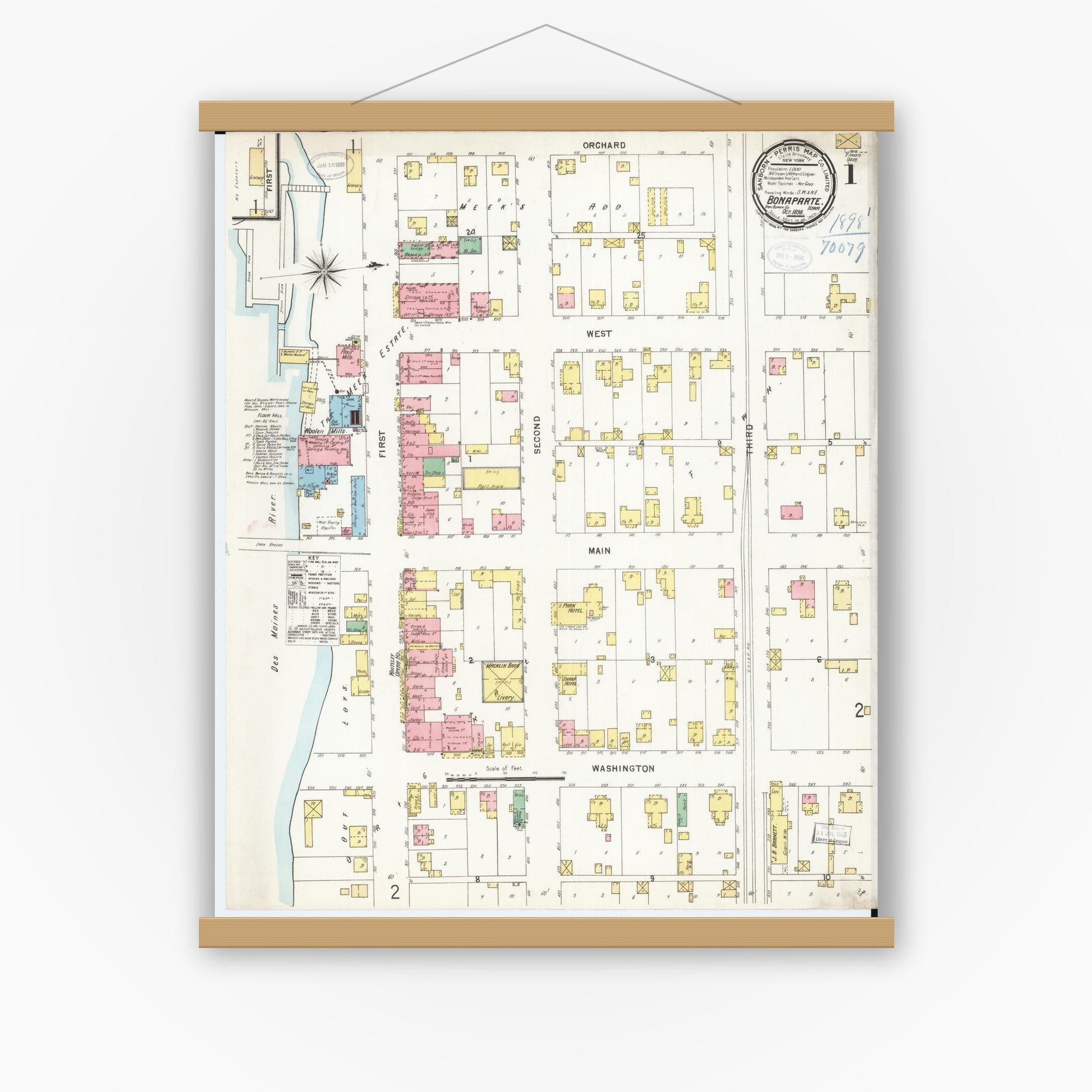 Old map wall art mockup — magnetic wood frame on white wall — Sanborn Fire Insurance Map from Bonaparte, Van Buren County, Iowa (1898) â€” Complete Set