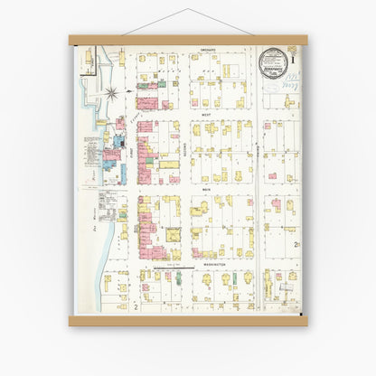 Old map wall art mockup — magnetic wood frame on white wall — Sanborn Fire Insurance Map from Bonaparte, Van Buren County, Iowa (1898) â€” Complete Set