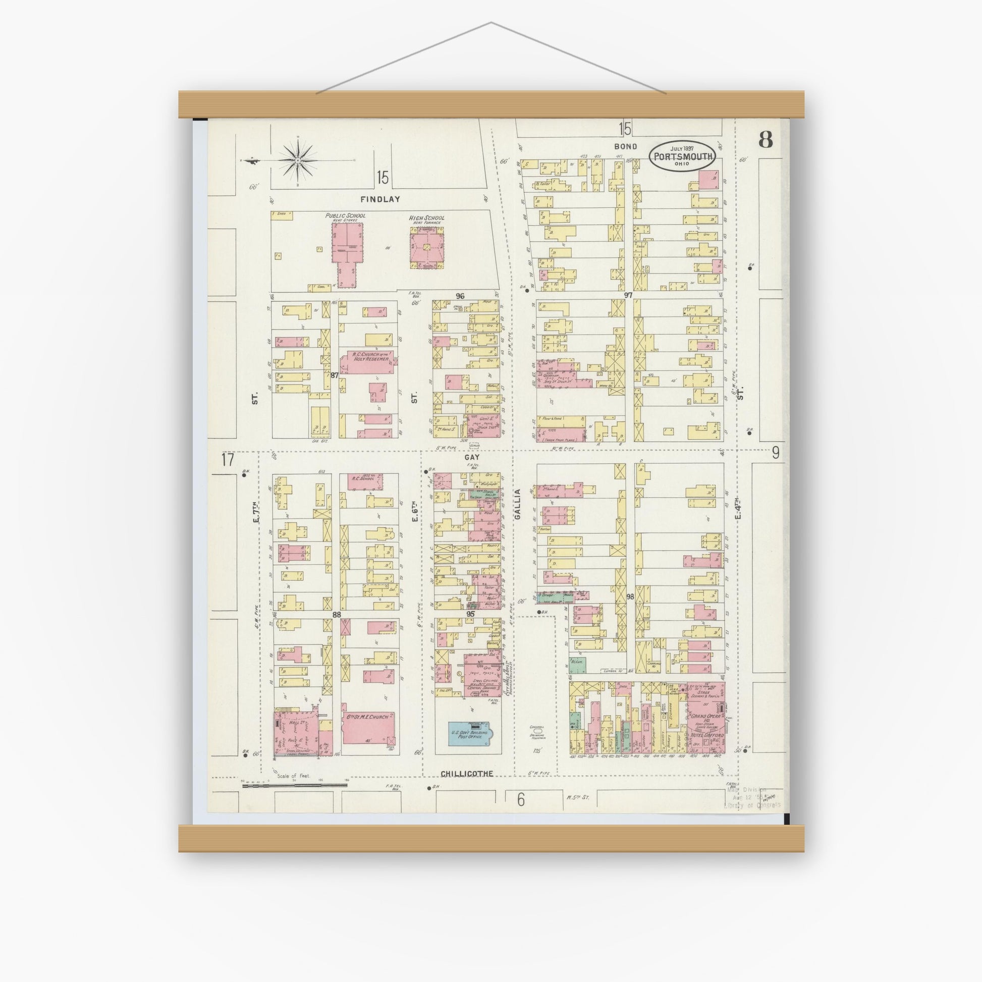 Old map wall art mockup — magnetic wood frame on white wall — Sanborn Fire Insurance Map from Portsmouth, Scioto County, Ohio (1897), Sheet #0008