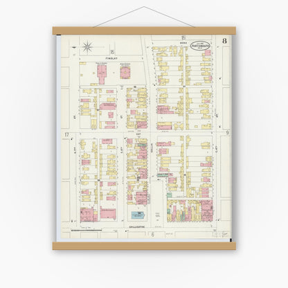 Old map wall art mockup — magnetic wood frame on white wall — Sanborn Fire Insurance Map from Portsmouth, Scioto County, Ohio (1897), Sheet #0008