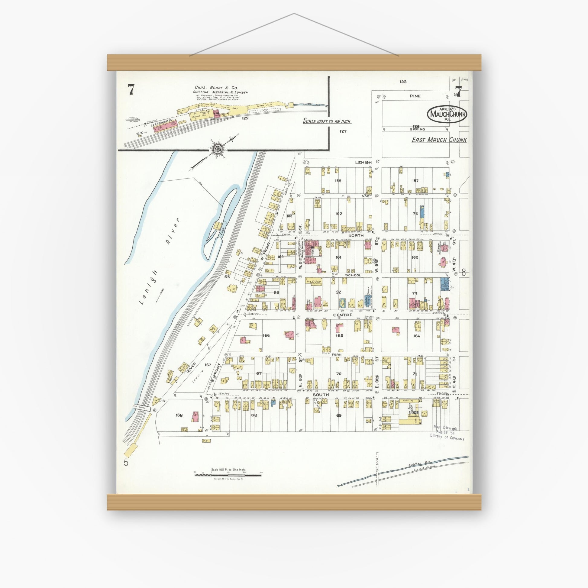Old map wall art mockup — magnetic wood frame on white wall — Sanborn Fire Insurance Map from Mauch Chunk, Carbon County, Pennsylvania (1923), Sheet #0007